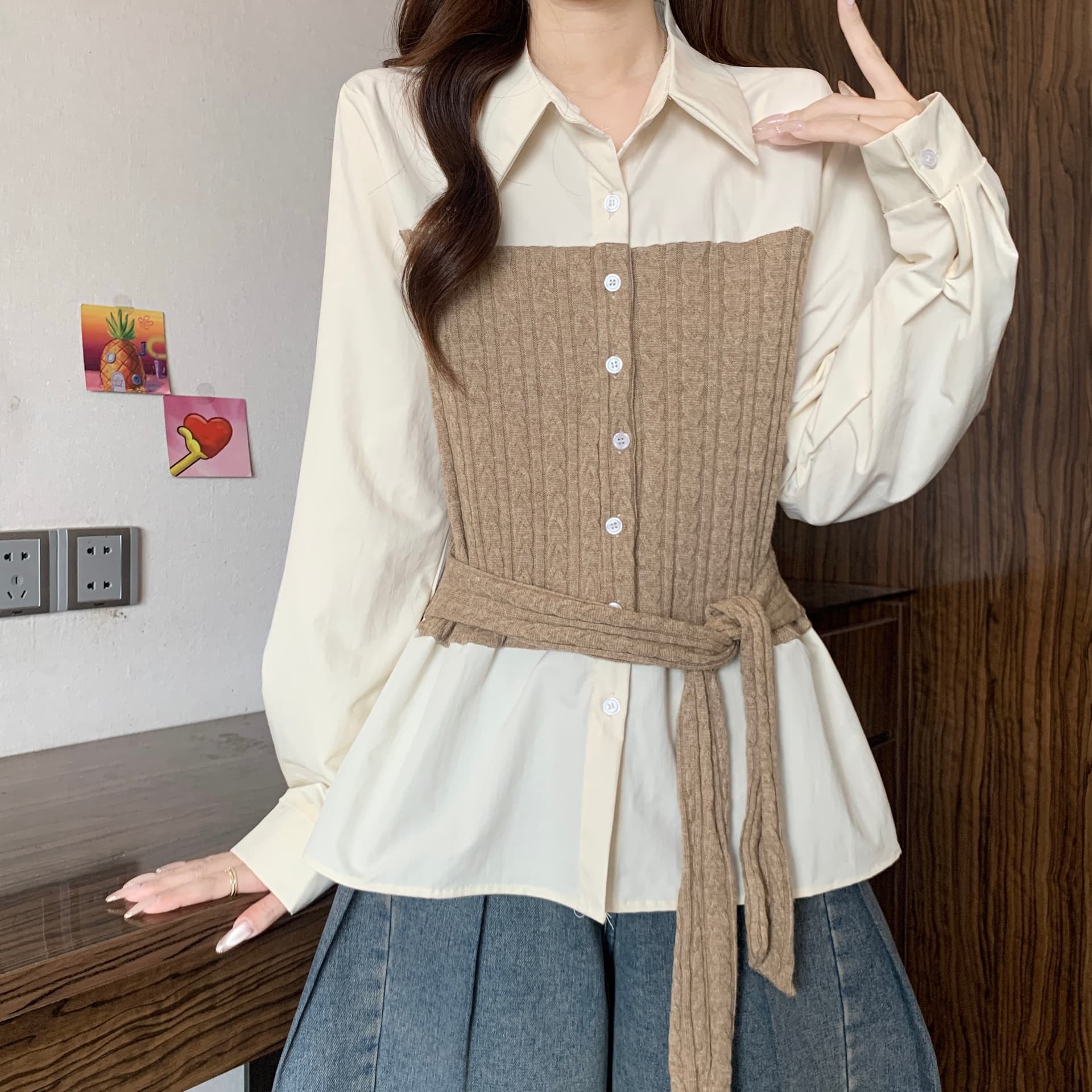 페이크 레이어드 불규칙 패치워크 니트 긴 소매 여성 셔츠 가을 새로운 지방 mm 품격 허리 수축 슬림해 보이는 고유 한 맨위 상세 이미지 15