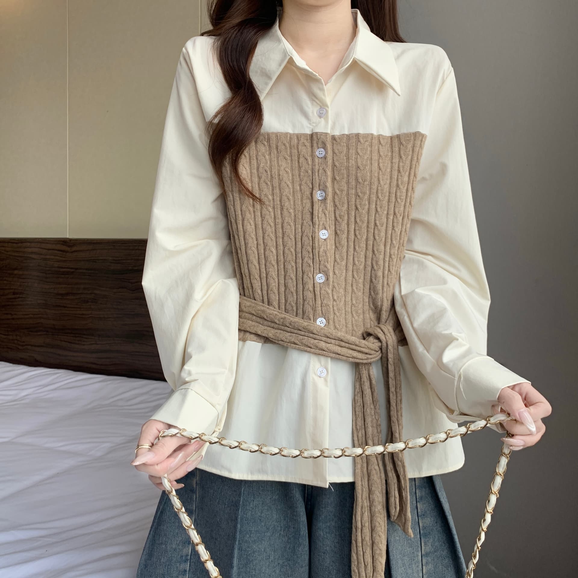 페이크 레이어드 불규칙 패치워크 니트 긴 소매 여성 셔츠 가을 새로운 지방 mm 품격 허리 수축 슬림해 보이는 고유 한 맨위 상세 이미지 19