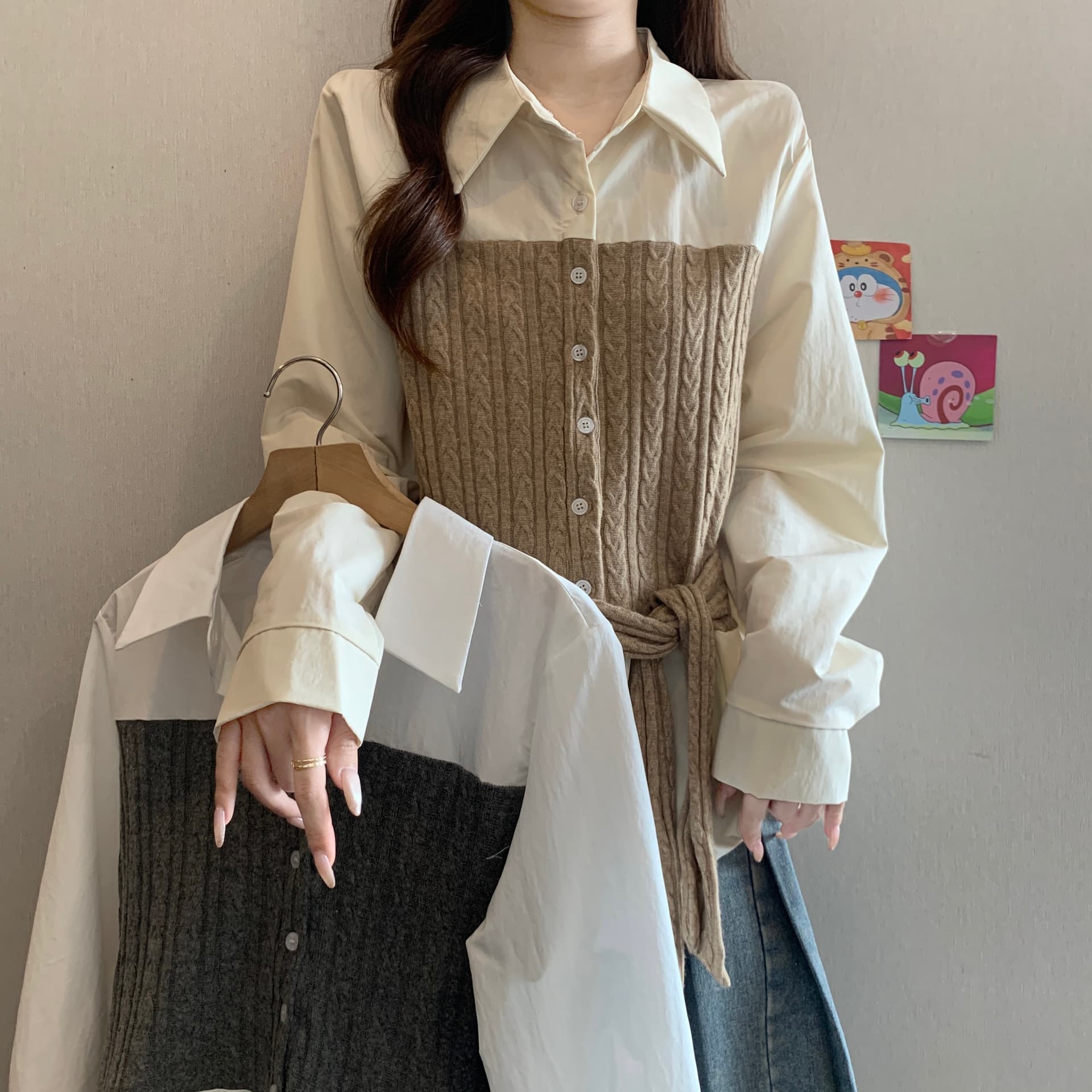 페이크 레이어드 꽈배기 니트 패치워크 POLO 칼라 긴팔 여성 셔츠 가을 새로운 지방 mm 스트랩 허리 수축 슬림해 보이는 맨위 상세 이미지 2