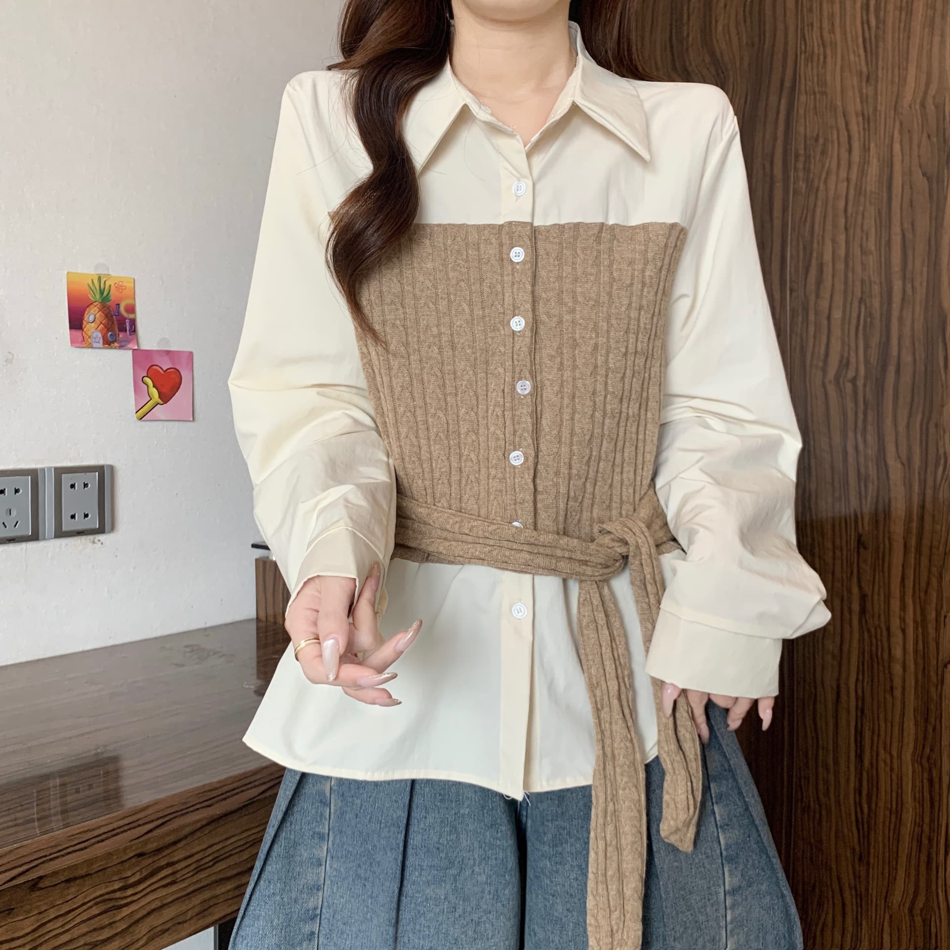 페이크 레이어드 꽈배기 니트 패치워크 POLO 칼라 긴팔 여성 셔츠 가을 새로운 지방 mm 스트랩 허리 수축 슬림해 보이는 맨위 상세 이미지 7