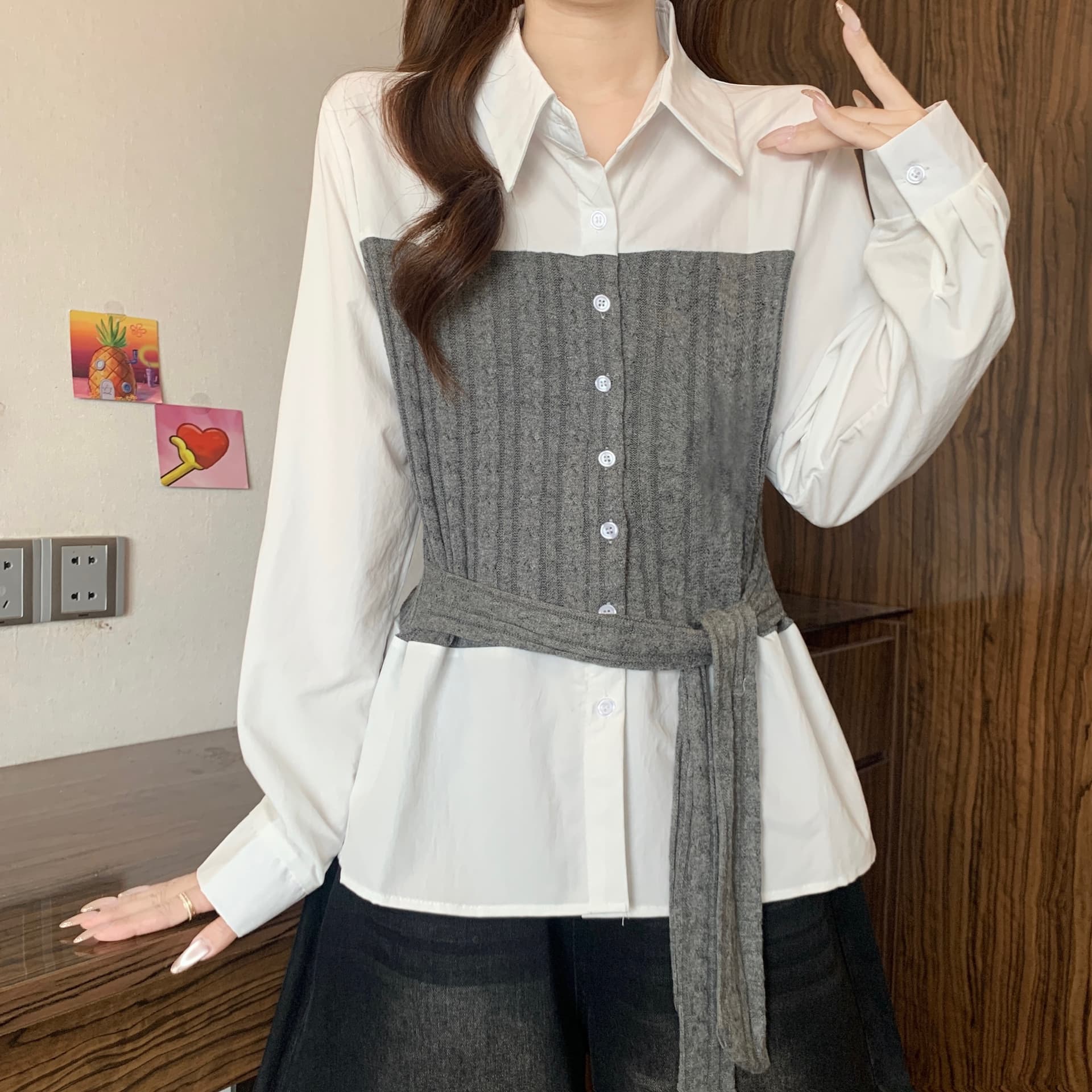 페이크 레이어드 꽈배기 니트 패치워크 POLO 칼라 긴팔 여성 셔츠 가을 새로운 지방 mm 스트랩 허리 수축 슬림해 보이는 맨위 상세 이미지 15