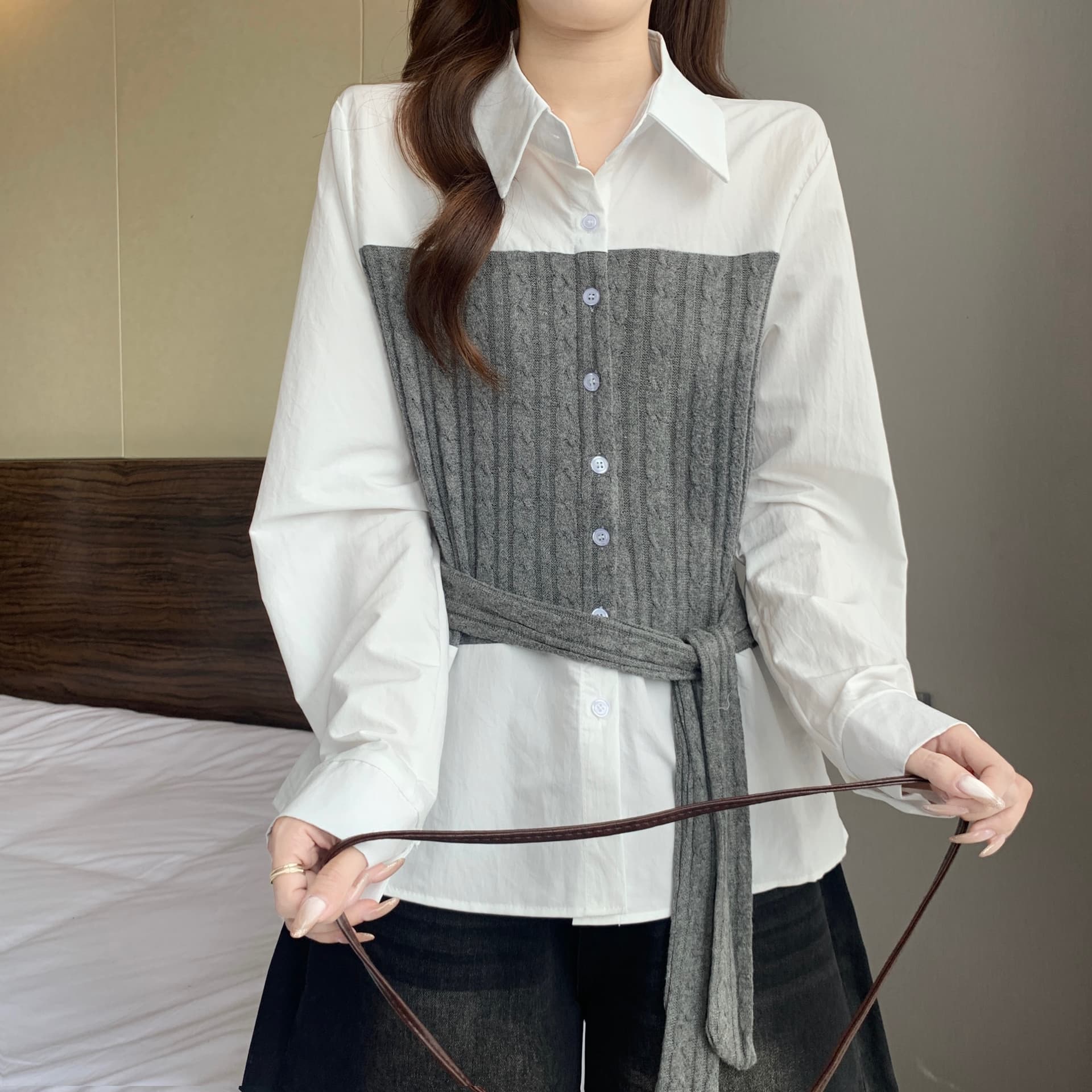 페이크 레이어드 꽈배기 니트 패치워크 POLO 칼라 긴팔 여성 셔츠 가을 새로운 지방 mm 스트랩 허리 수축 슬림해 보이는 맨위 상세 이미지 19