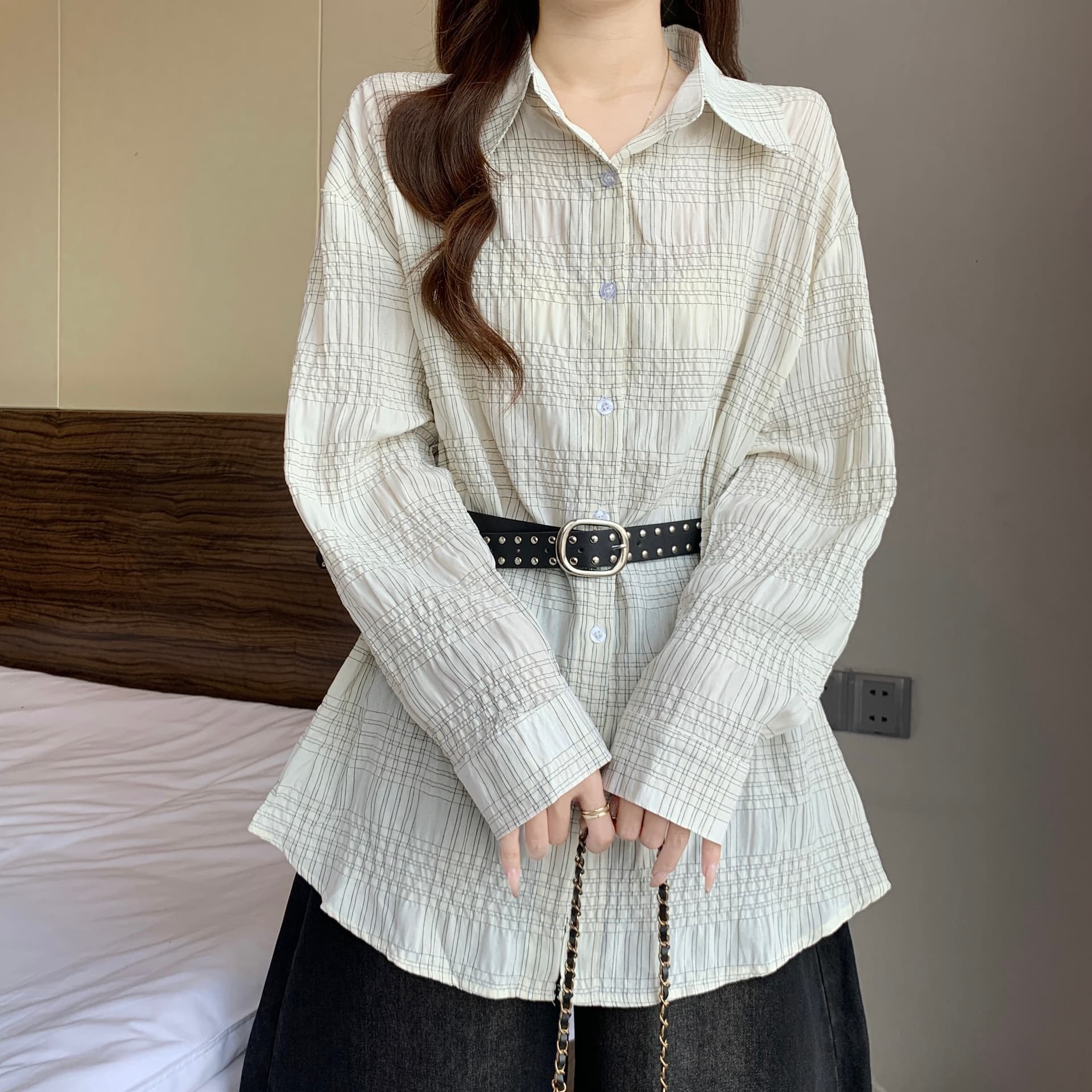 고급 센스 레트로 블루 색상 체크무늬 긍정적 인 어깨 긴팔 여성 셔츠 가을 새로운 지방 mm 허리 수축 슬림해 보이는 품격 맨위 상세 이미지 18