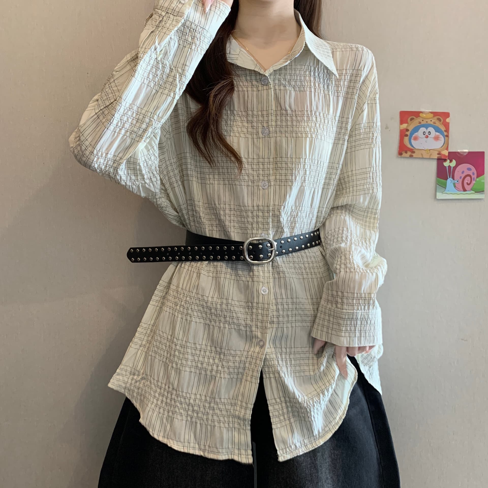 고급 센스 레트로 체크무늬 긍정적 인 어깨 긴팔 여성 셔츠 가을 새로운 2026 지방 mm 허리 수축 슬림해 보이는 품격 맨위 상세 이미지 3