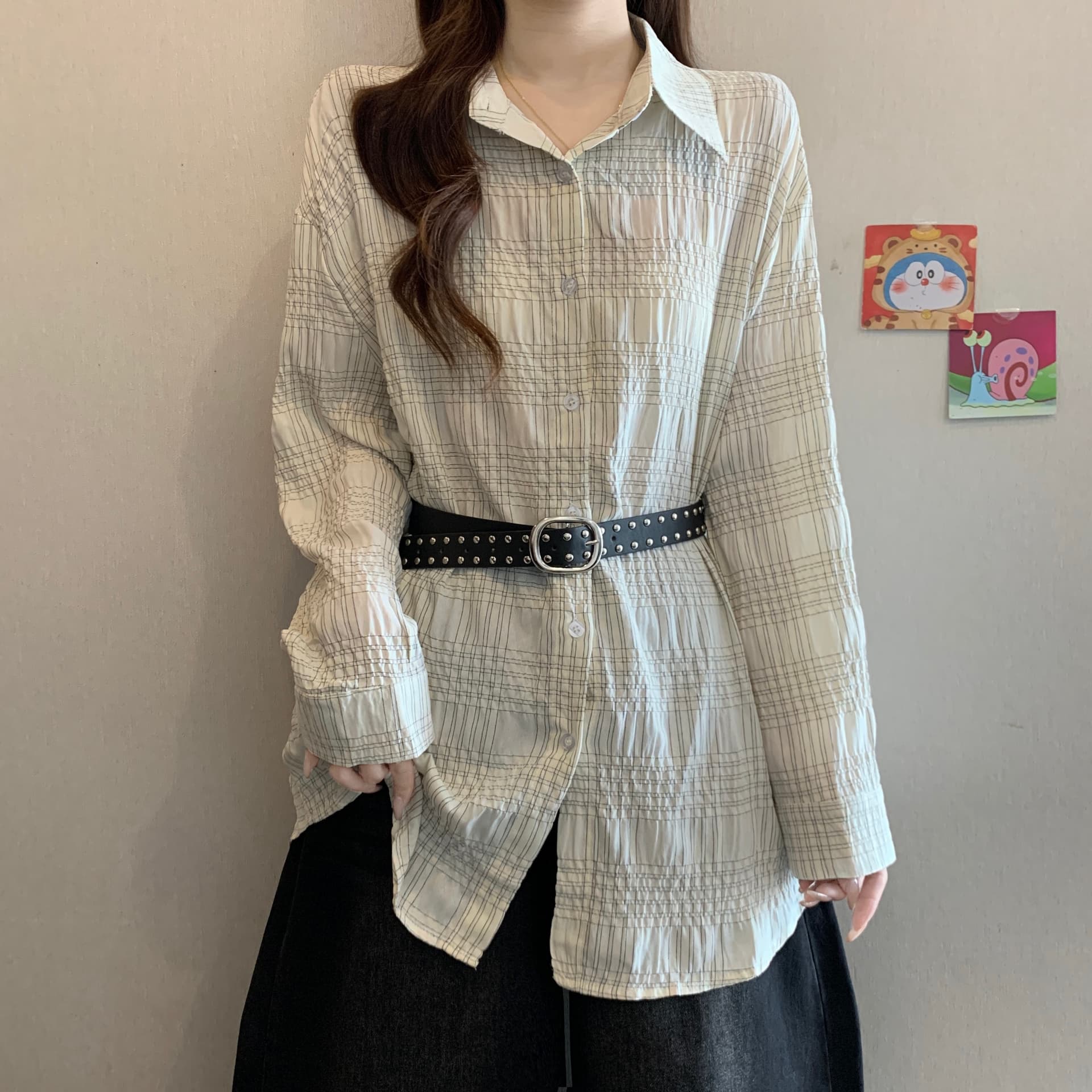 고급 센스 레트로 체크무늬 긍정적 인 어깨 긴팔 여성 셔츠 가을 새로운 2026 지방 mm 허리 수축 슬림해 보이는 품격 맨위 상세 이미지 5