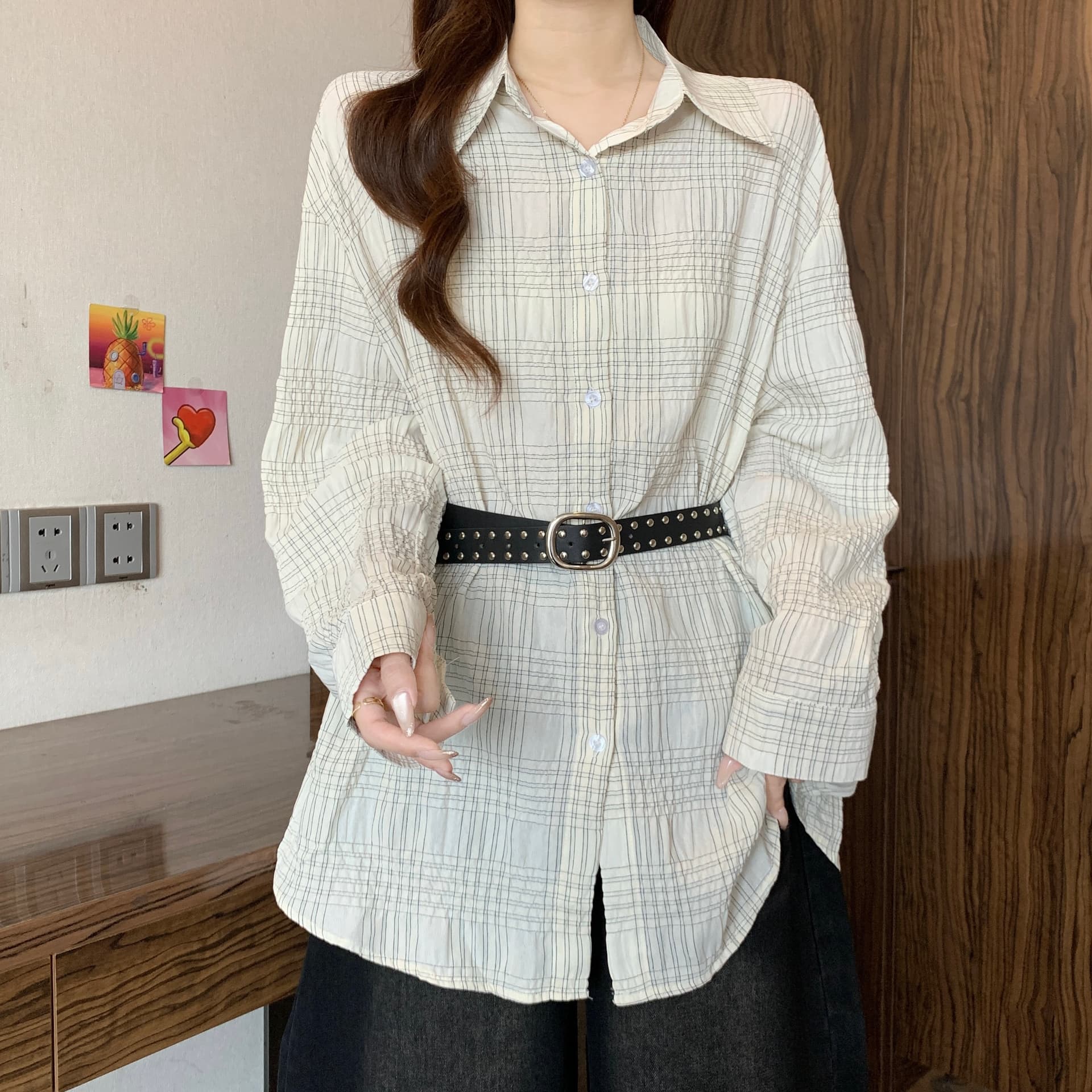 고급 센스 레트로 체크무늬 긍정적 인 어깨 긴팔 여성 셔츠 가을 새로운 2026 지방 mm 허리 수축 슬림해 보이는 품격 맨위 상세 이미지 7