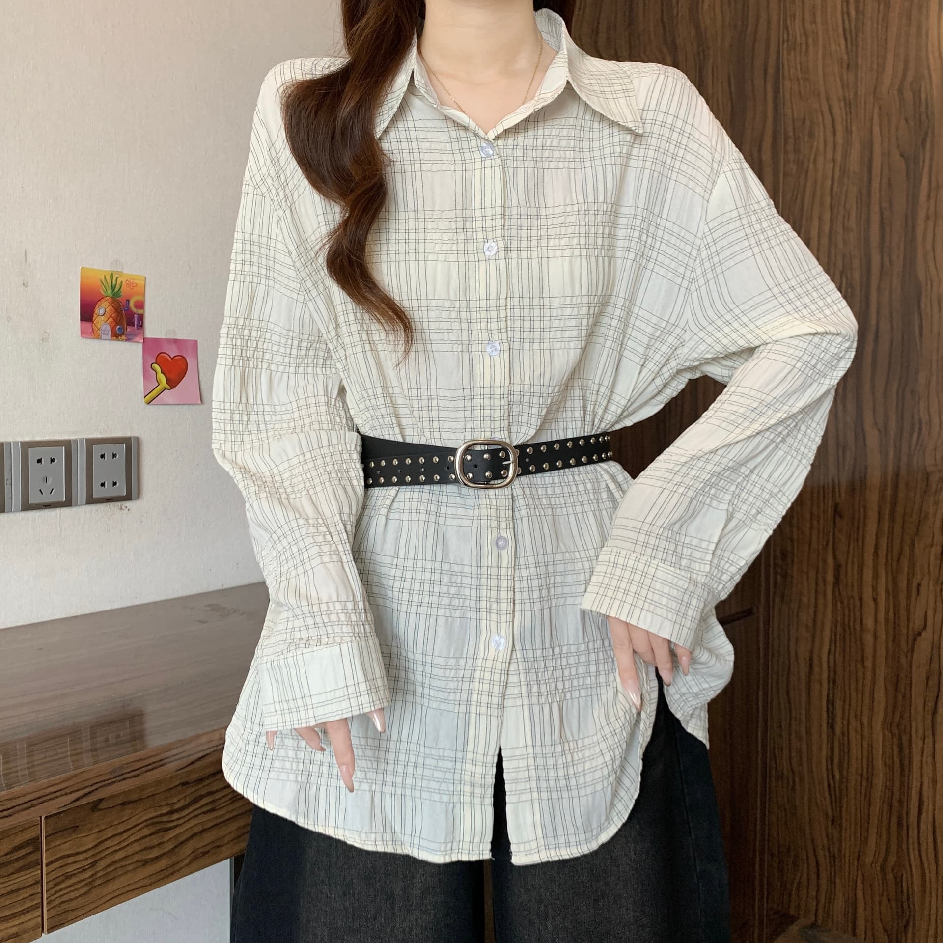 고급 센스 레트로 체크무늬 긍정적 인 어깨 긴팔 여성 셔츠 가을 새로운 2026 지방 mm 허리 수축 슬림해 보이는 품격 맨위 상세 이미지 8