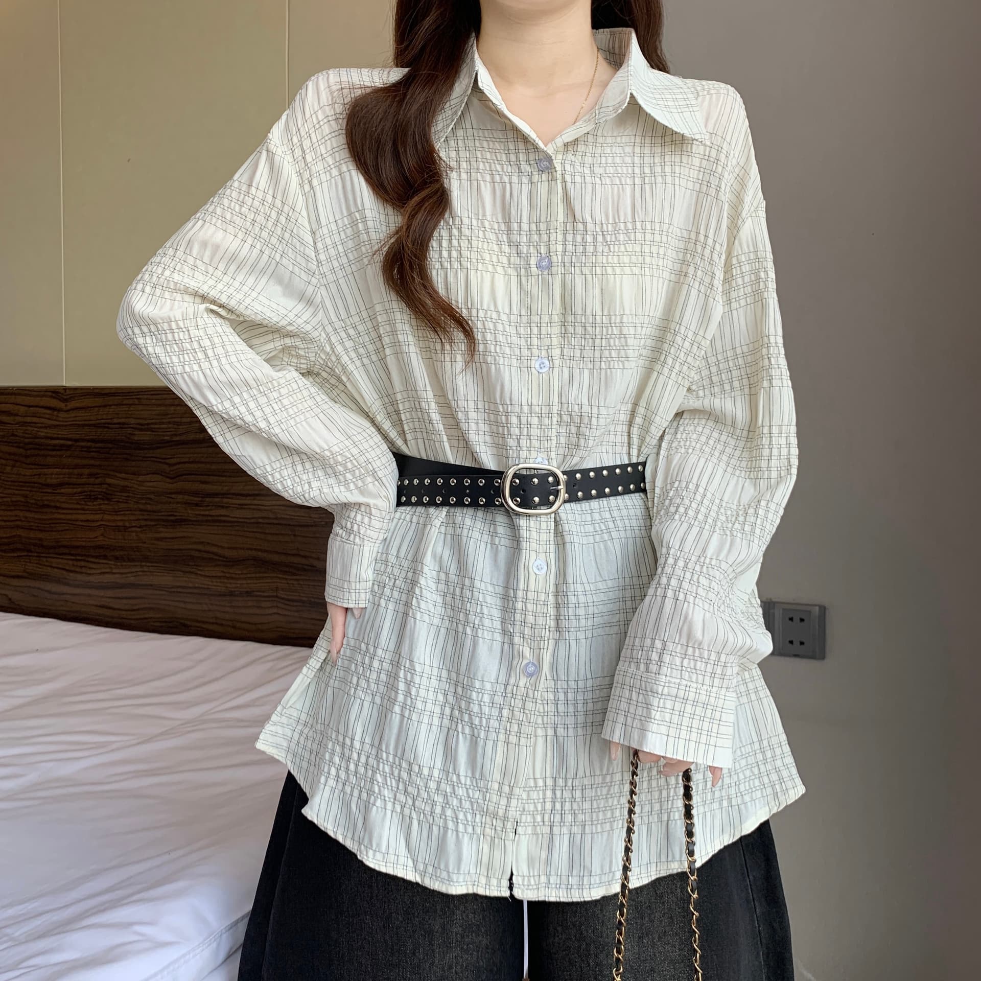 고급 센스 레트로 체크무늬 긍정적 인 어깨 긴팔 여성 셔츠 가을 새로운 2026 지방 mm 허리 수축 슬림해 보이는 품격 맨위 상세 이미지 11