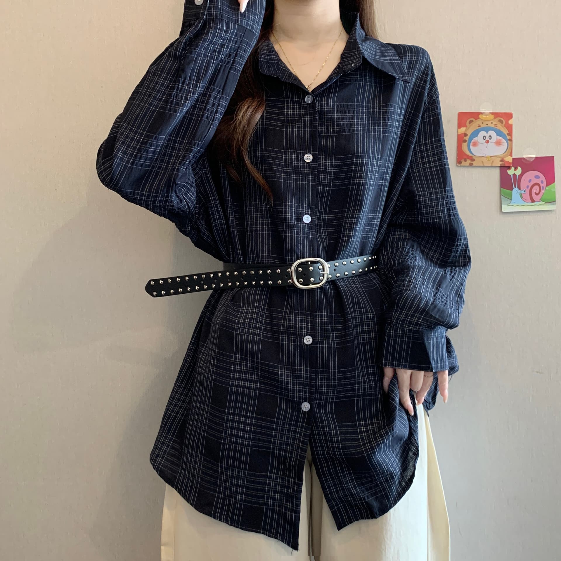 고급 센스 레트로 체크무늬 긍정적 인 어깨 긴팔 여성 셔츠 가을 새로운 2026 지방 mm 허리 수축 슬림해 보이는 품격 맨위 상세 이미지 12