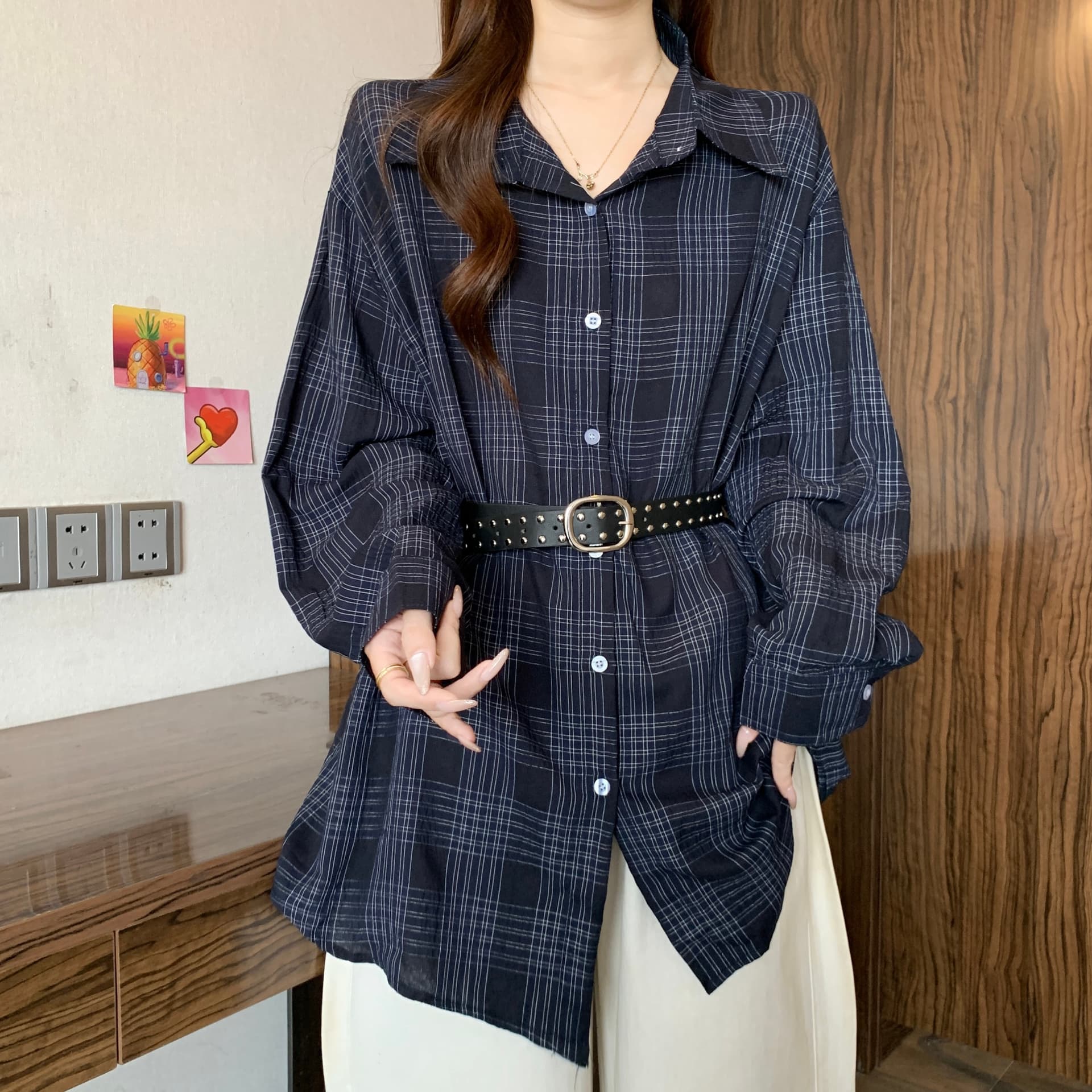 고급 센스 레트로 체크무늬 긍정적 인 어깨 긴팔 여성 셔츠 가을 새로운 2026 지방 mm 허리 수축 슬림해 보이는 품격 맨위 상세 이미지 16