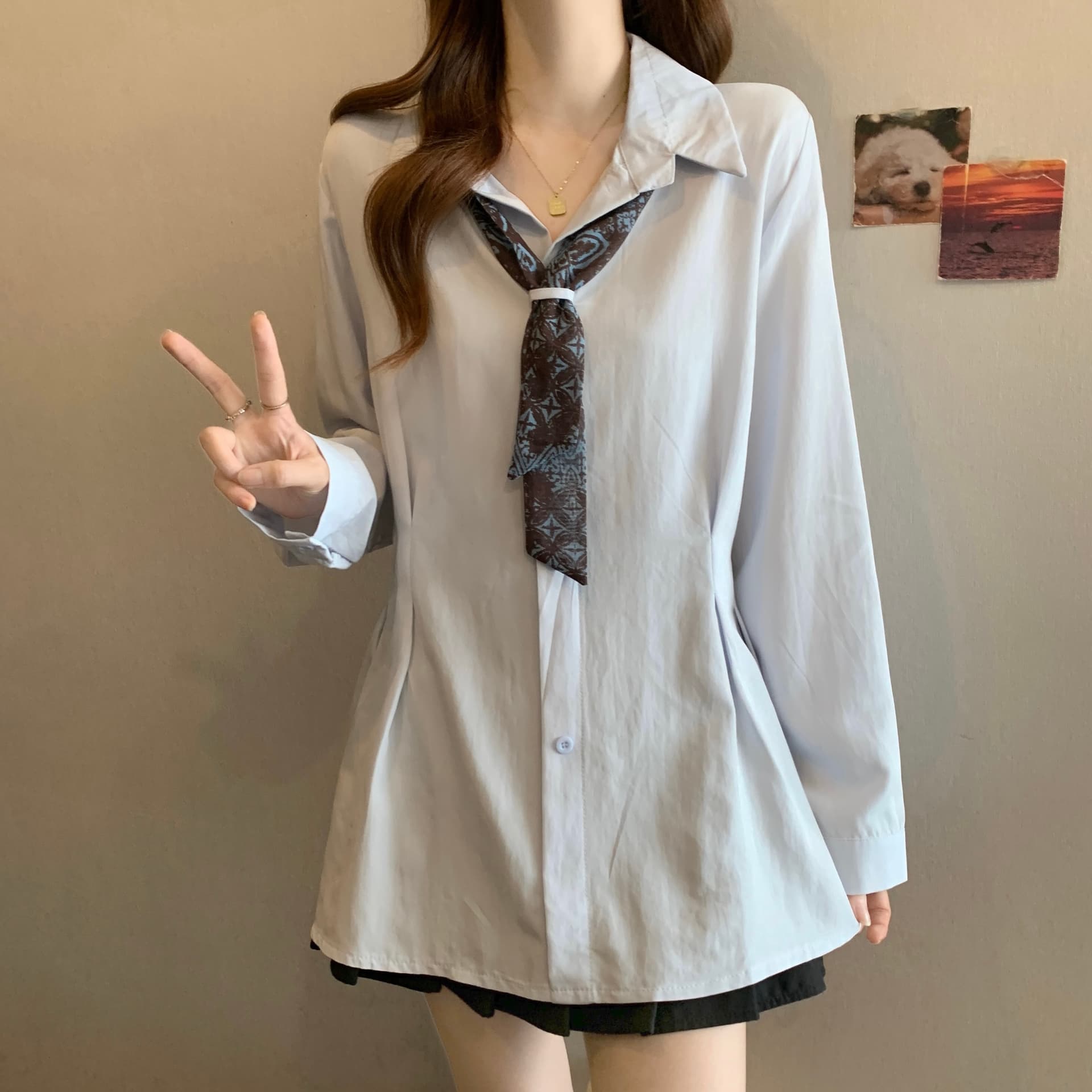 디자인 센스 배색 스카프 넥타이 POLO 칼라 긴팔 여성 셔츠 가을 새로운 지방 mm 허리 수축 슬림해 보이는 품격 맨위 상세 이미지 15