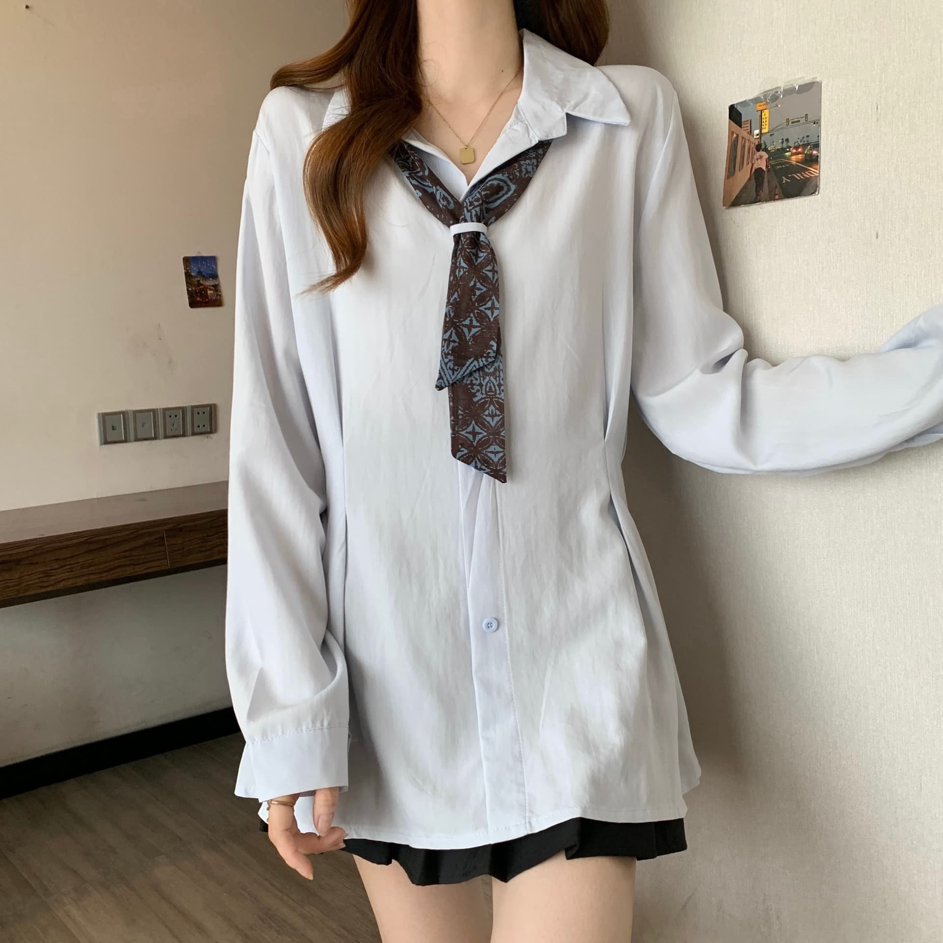 디자인 센스 배색 스카프 넥타이 POLO 칼라 긴팔 여성 셔츠 가을 새로운 지방 mm 허리 수축 슬림해 보이는 품격 맨위 상세 이미지 18