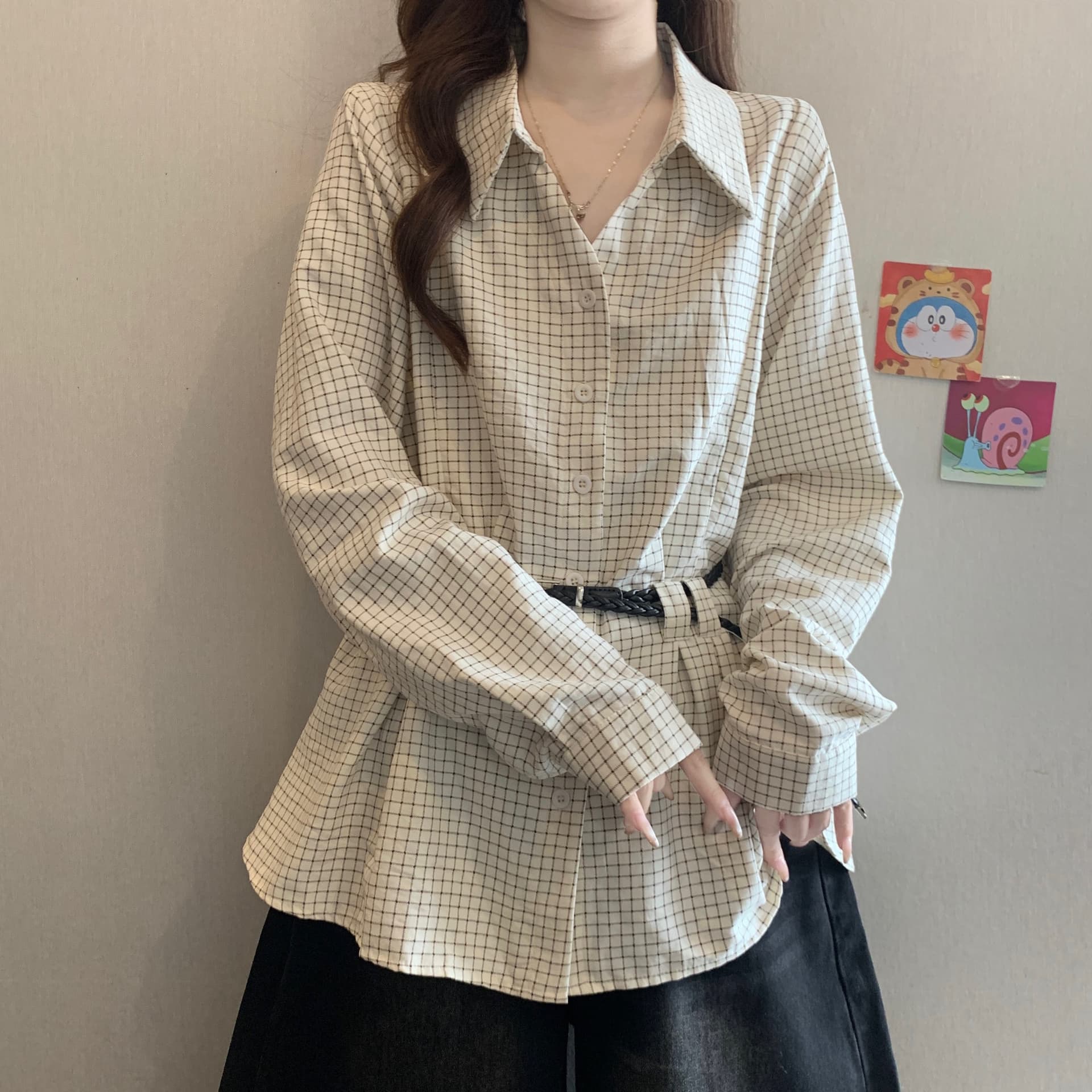 아름다움 라드. 커피 색상 체크무늬 POLO 칼라 긍정적 인 어깨 긴팔 여성 셔츠 가을 새로운 지방 mm 품격 벨트 슬림해 보이는 맨위 이미지 6