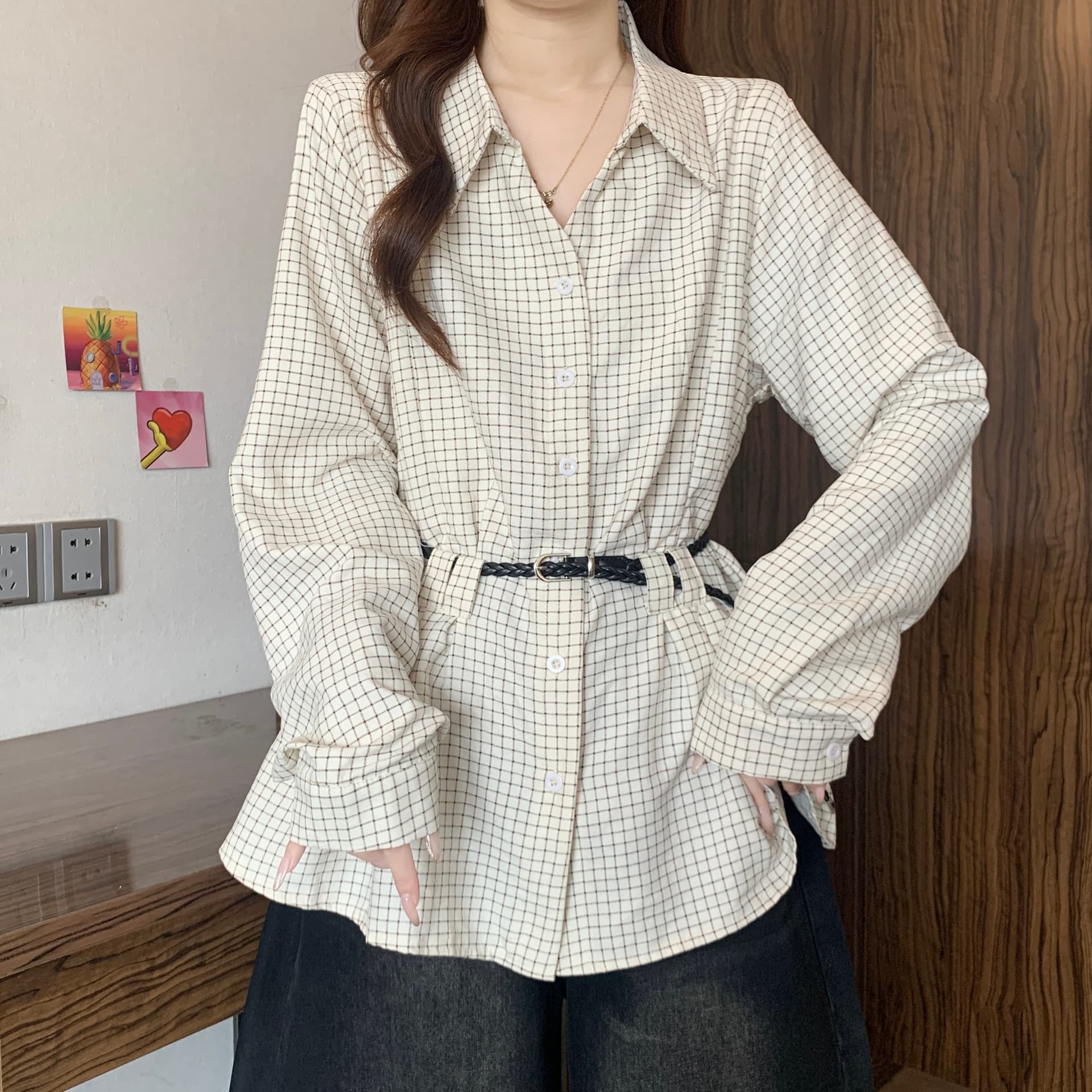 오래된 돈 바람 레트로 체크무늬 POLO 칼라 긍정적 인 어깨 긴팔 여성 셔츠 가을 새로운 지방 mm 품격 벨트 슬림해 보이는 맨위 상세 이미지 8