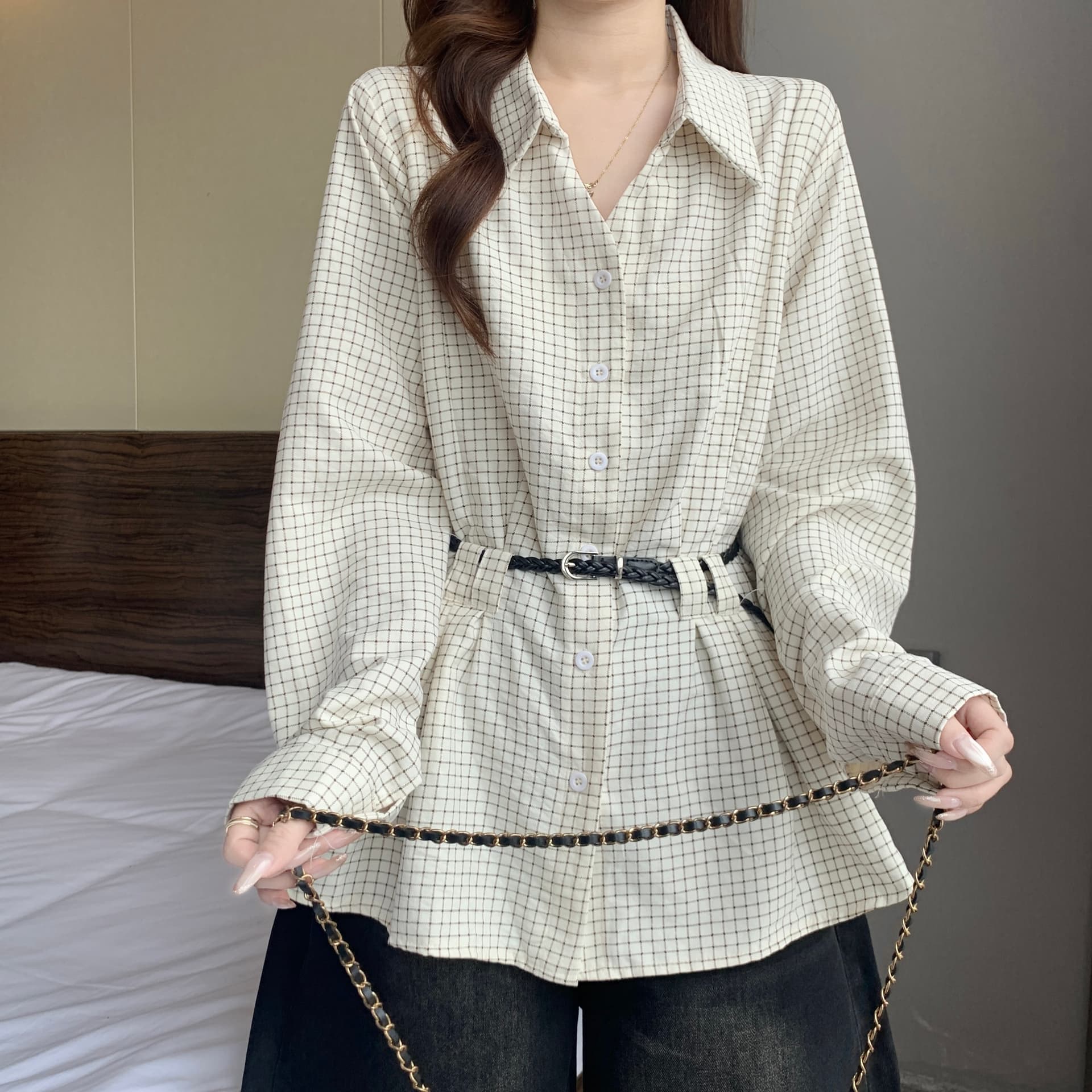 오래된 돈 바람 레트로 체크무늬 POLO 칼라 긍정적 인 어깨 긴팔 여성 셔츠 가을 새로운 지방 mm 품격 벨트 슬림해 보이는 맨위 상세 이미지 10