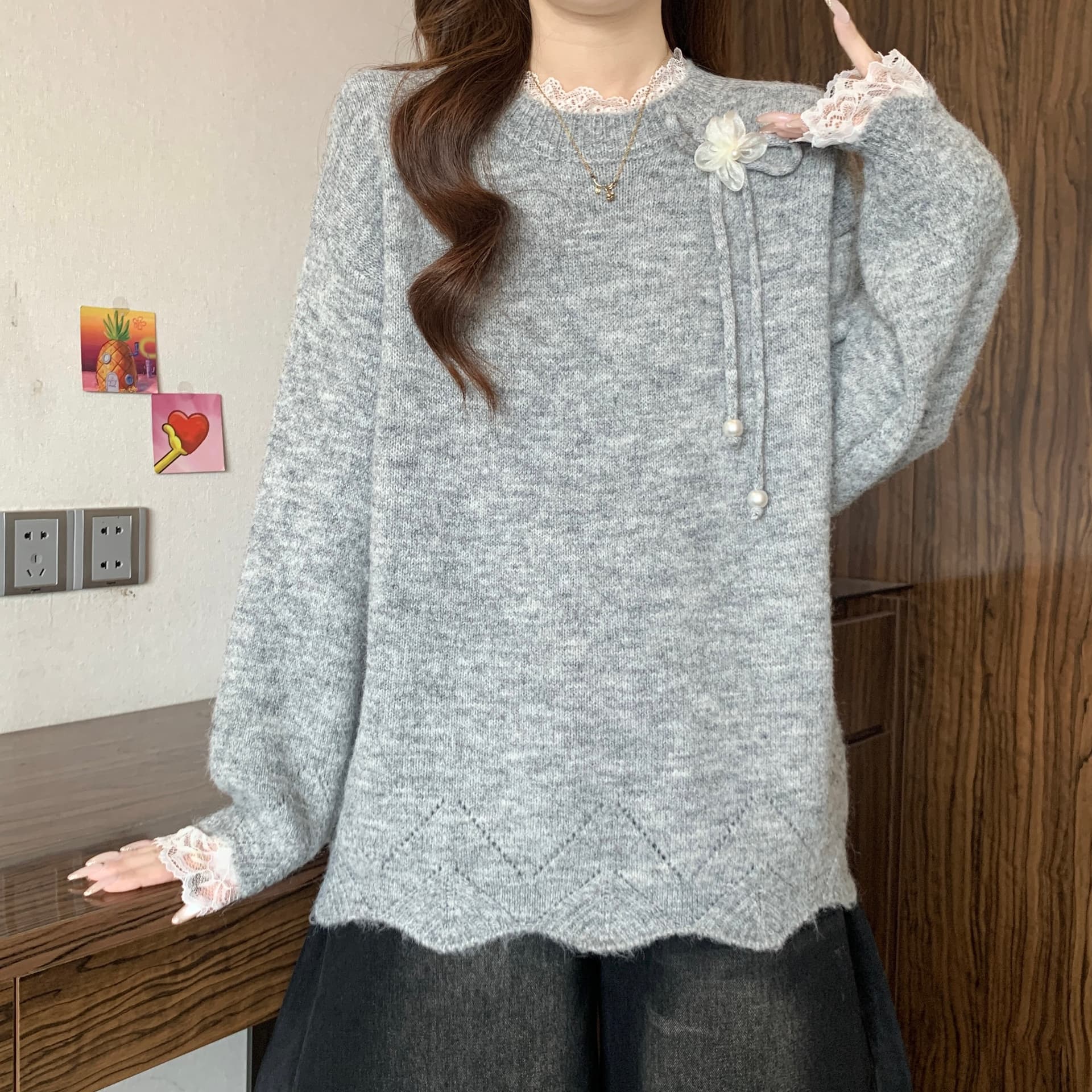 프랑스식 레이스 조각 나비 넥타이 긴팔 스웨터 여자 가을 겨울 새로운 지방 mm 긍정적 인 어깨 슬림해 보이는 니트 맨위 상세 이미지 15