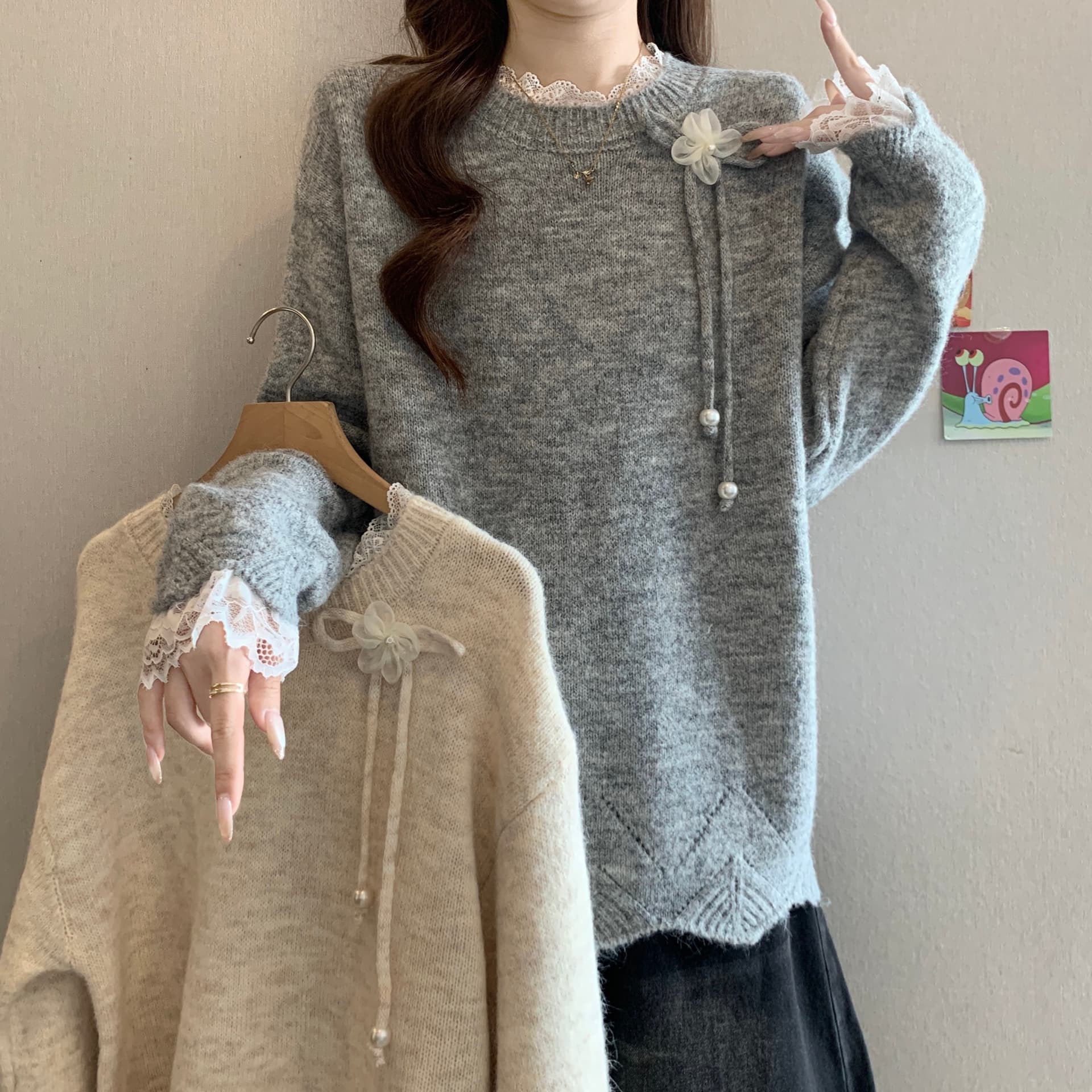 고급 센스 레이스 조각 나비 넥타이 긴팔 스웨터 여자 가을 겨울 새로운 지방 mm 긍정적 인 어깨 슬림해 보이는 니트 스웨터 상세 이미지 2