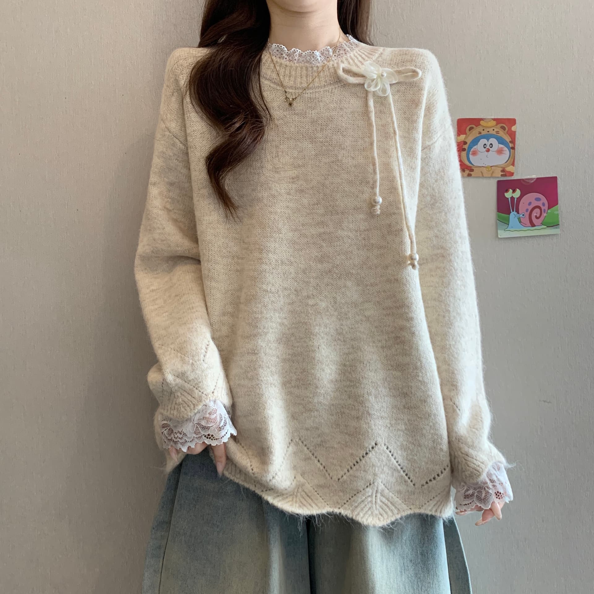 고급 센스 레이스 조각 나비 넥타이 긴팔 스웨터 여자 가을 겨울 새로운 지방 mm 긍정적 인 어깨 슬림해 보이는 니트 스웨터 상세 이미지 14