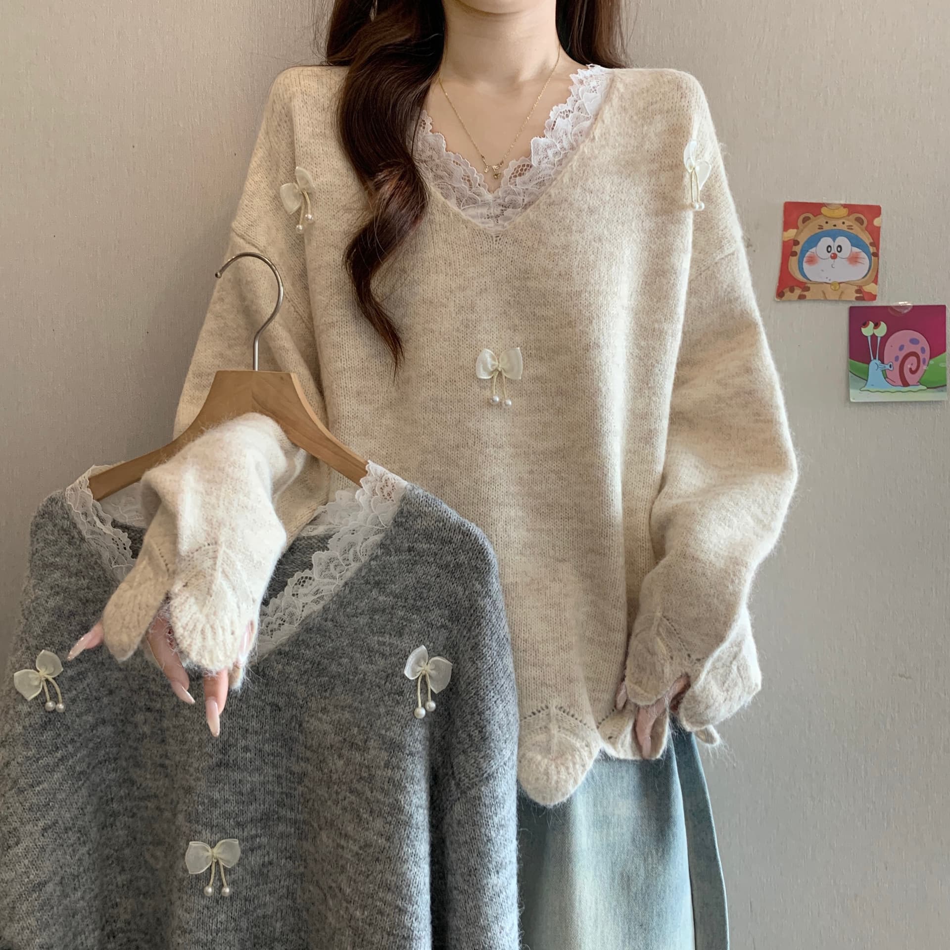 자이언트 잘 생긴 3 차원 나비 매듭 V넥 레이스 스웨터 여자 가을 겨울 새로운 지방 mm 느긋한 슬림해 보이는 긍정적 인 어깨 니트 스웨터 상세 이미지 2