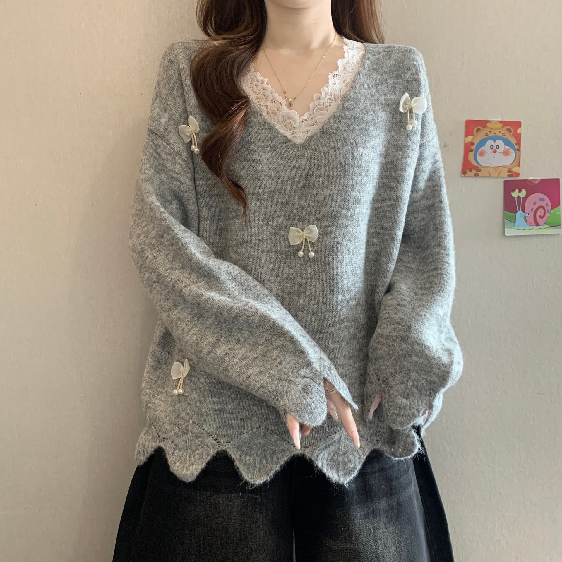 자이언트 잘 생긴 3 차원 나비 매듭 V넥 레이스 스웨터 여자 가을 겨울 새로운 지방 mm 느긋한 슬림해 보이는 긍정적 인 어깨 니트 스웨터 상세 이미지 13