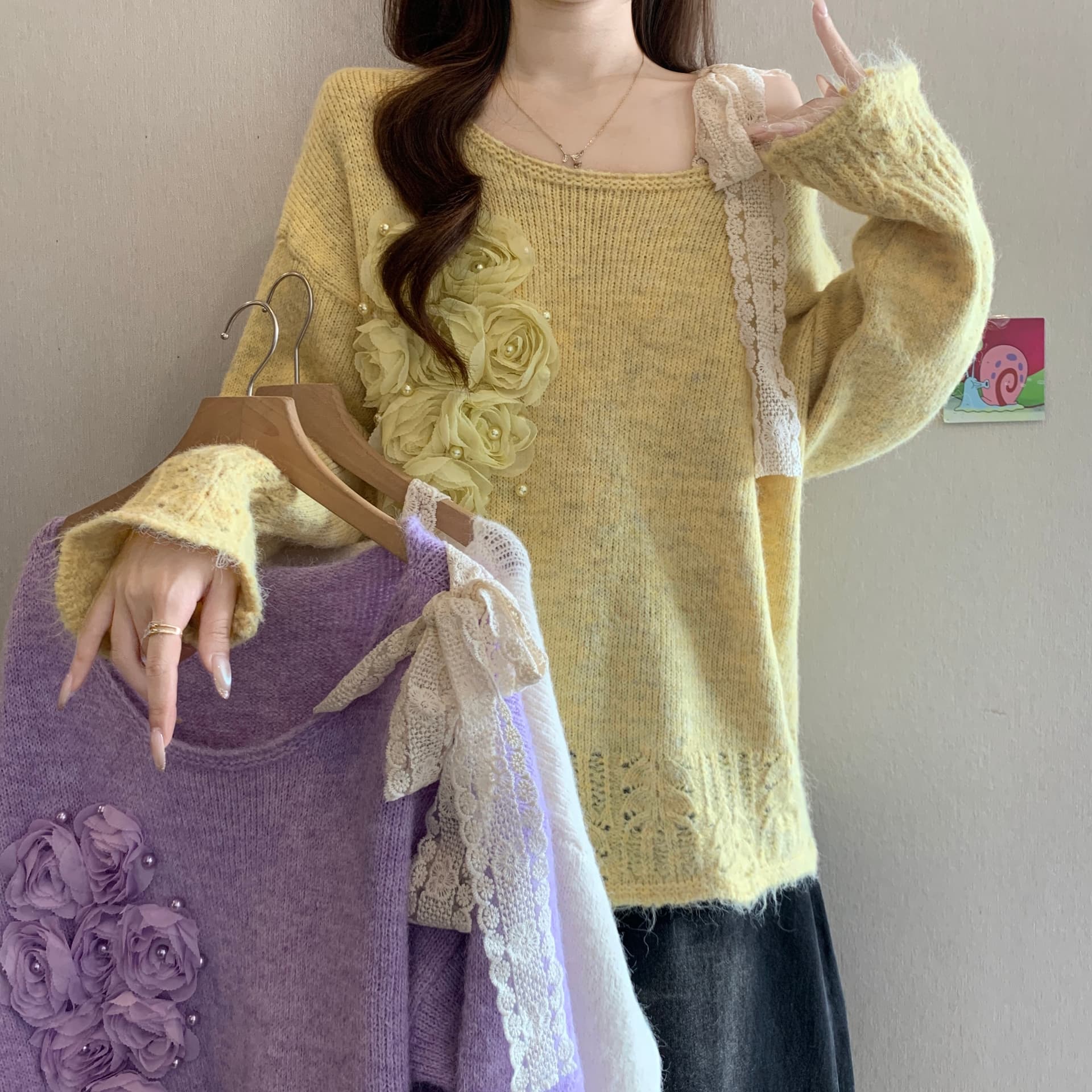 자이언트 잘 생긴 레이스 레이스업 3 차원 꽃 오프숄더 스웨터 여자 가을 겨울 새로운 지방 mm 연령 감소 슬림해 보이는 니트 맨위 이미지 2