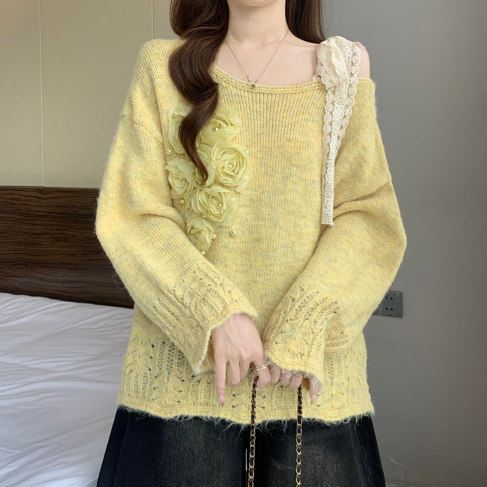 자이언트 잘 생긴 레이스 레이스업 3 차원 꽃 오프숄더 스웨터 여자 가을 겨울 새로운 지방 mm 연령 감소 슬림해 보이는 니트 맨위 상세 이미지 9