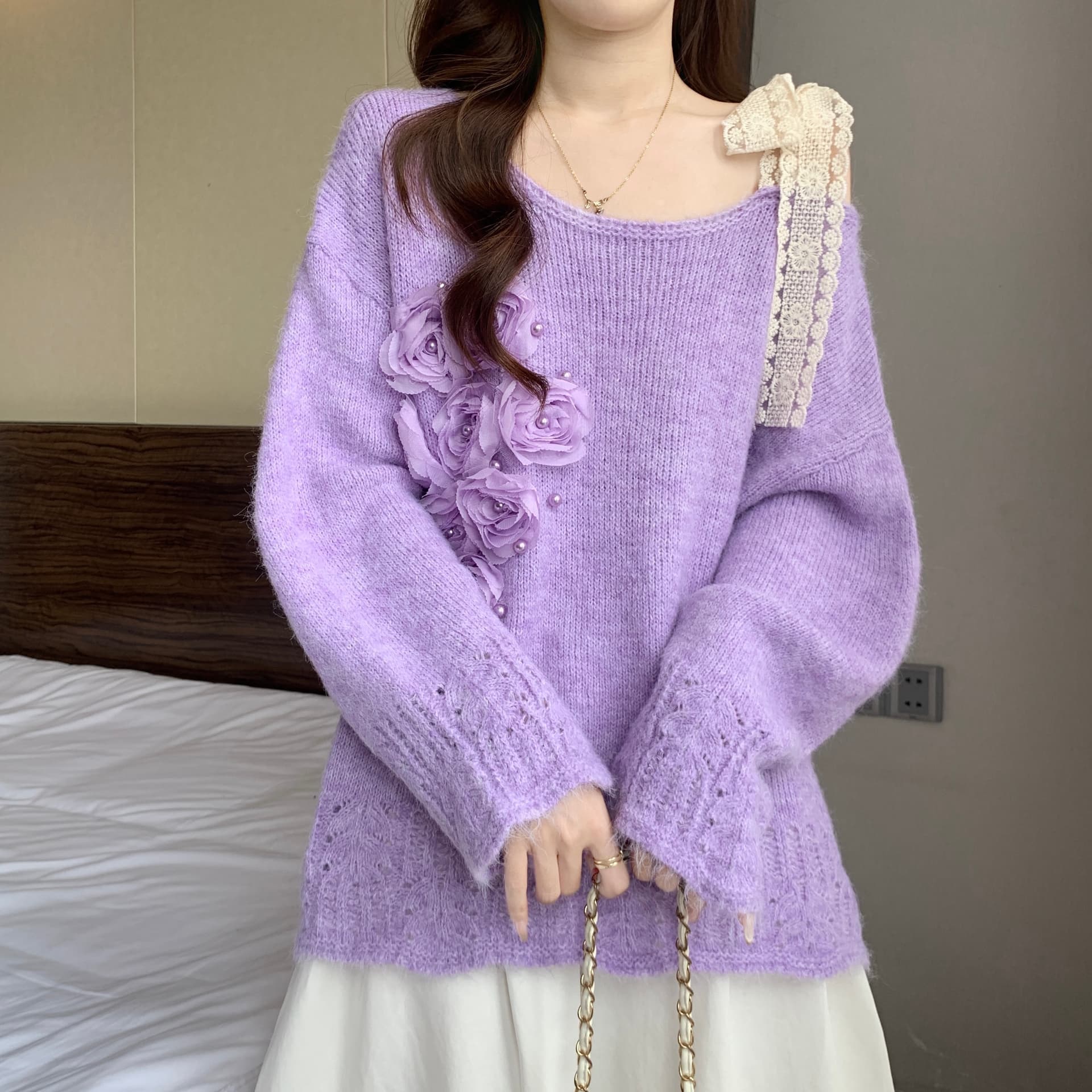 자이언트 잘 생긴 레이스 레이스업 3 차원 꽃 오프숄더 스웨터 여자 가을 겨울 새로운 지방 mm 연령 감소 슬림해 보이는 니트 맨위 상세 이미지 18