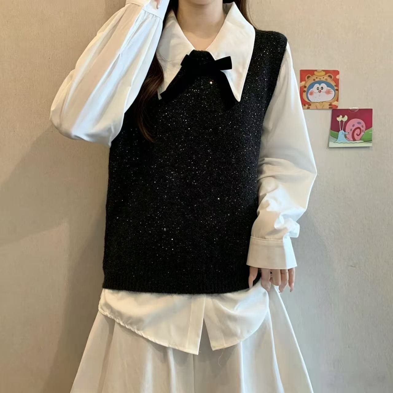 고급 센스 V넥 스팽글 베스트 스택 착용 세트 여성 가을 새로운 지방 mm 패션 슬림해 보이는 셔츠 베스트 투피스 세트 상세 이미지 4
