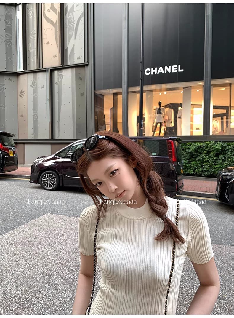 토마토 남자 jennie 같은 단락 오래된 돈 바람 얼음 마 라운드 넥 니트 반팔 맨위 여성 긍정적 인 어깨 몸매 가꾸기 슬림해 보이는 티셔츠 이미지 3