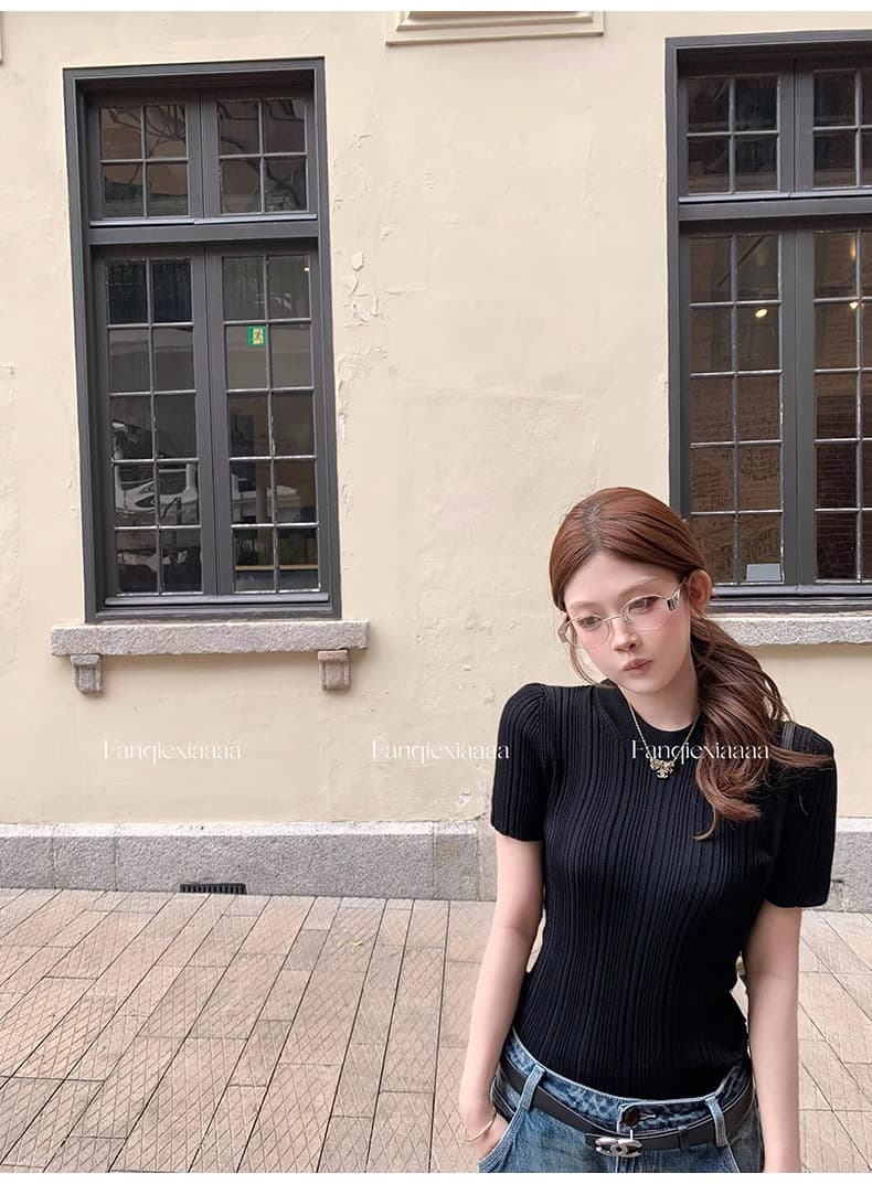 토마토 남자 jennie 같은 단락 오래된 돈 바람 얼음 마 라운드 넥 니트 반팔 맨위 여성 긍정적 인 어깨 몸매 가꾸기 슬림해 보이는 티셔츠 상세 이미지 12