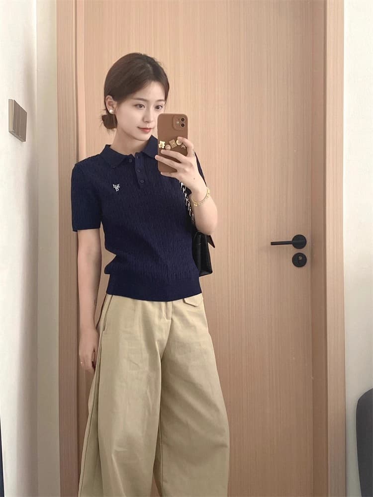 한 부서 해군 POLO 칼라 니트 반팔 티셔츠 여성 여름 고유 한 슈퍼 잘 생긴 쇼트 스타일 긍정적 인 어깨 의류 이미지 4