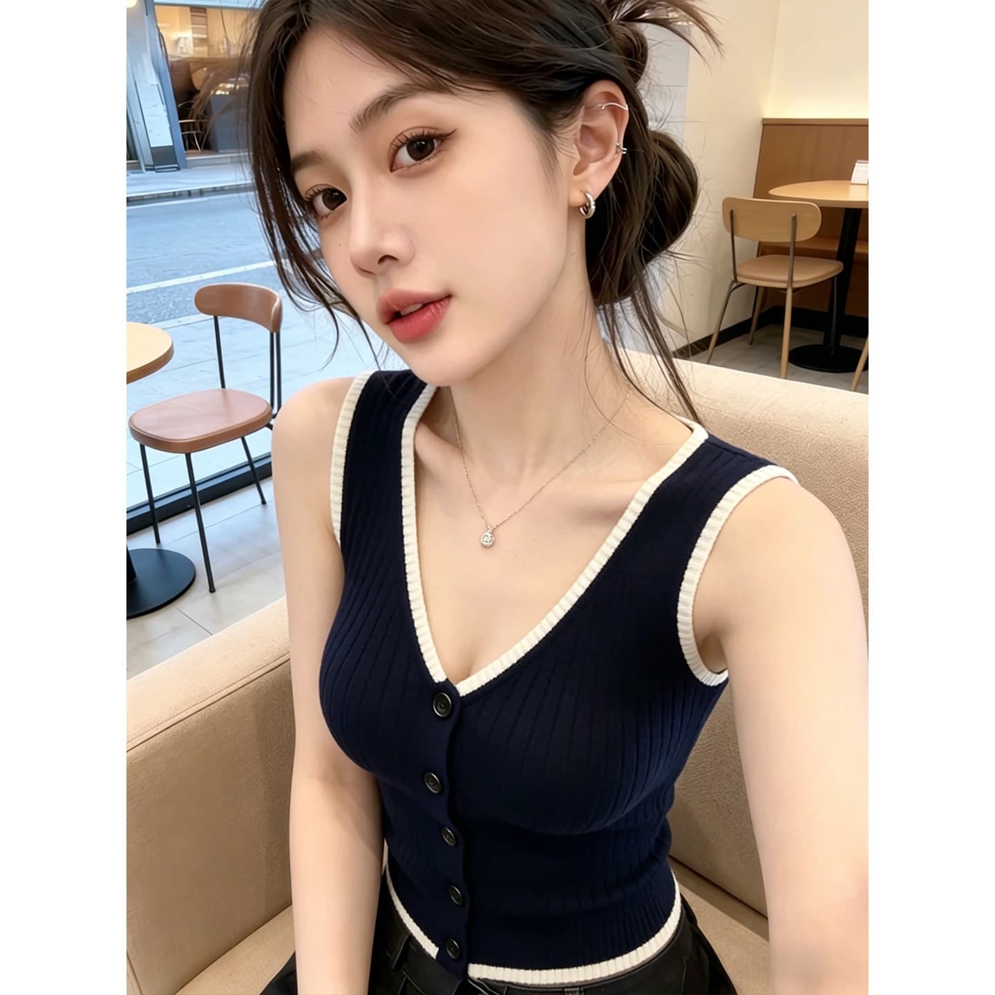 한 부서 V넥 배색 단추 조끼 니트 스웨터 여성 2026 여름 새로운 몸매 가꾸기 슬림해 보이는 외국 가스 연령 감소 맨위 상세 이미지 2