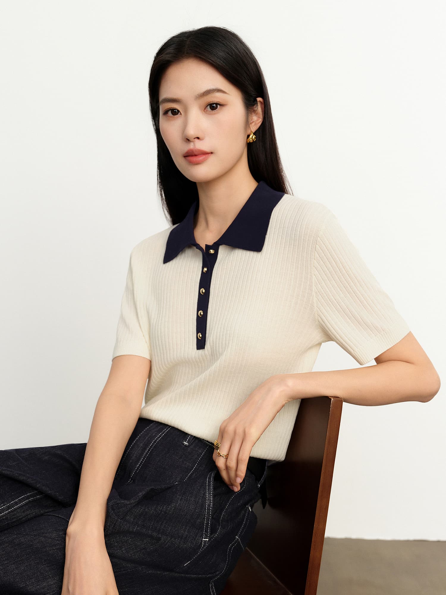뽕나무 누에 실크 기초 배색 칼라 반팔 니트 스웨터 26 여름 새로운 반팔 맨위
