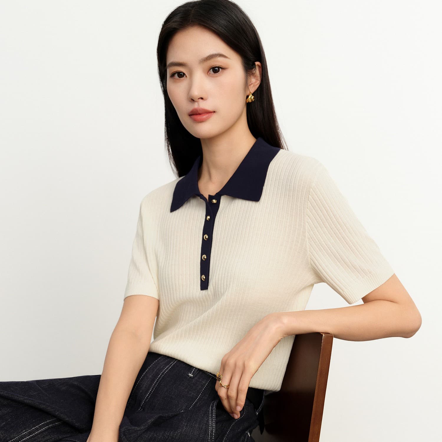 뽕나무 누에 실크 기초 배색 칼라 반팔 니트 스웨터 26 여름 새로운 반팔 맨위 이미지 5