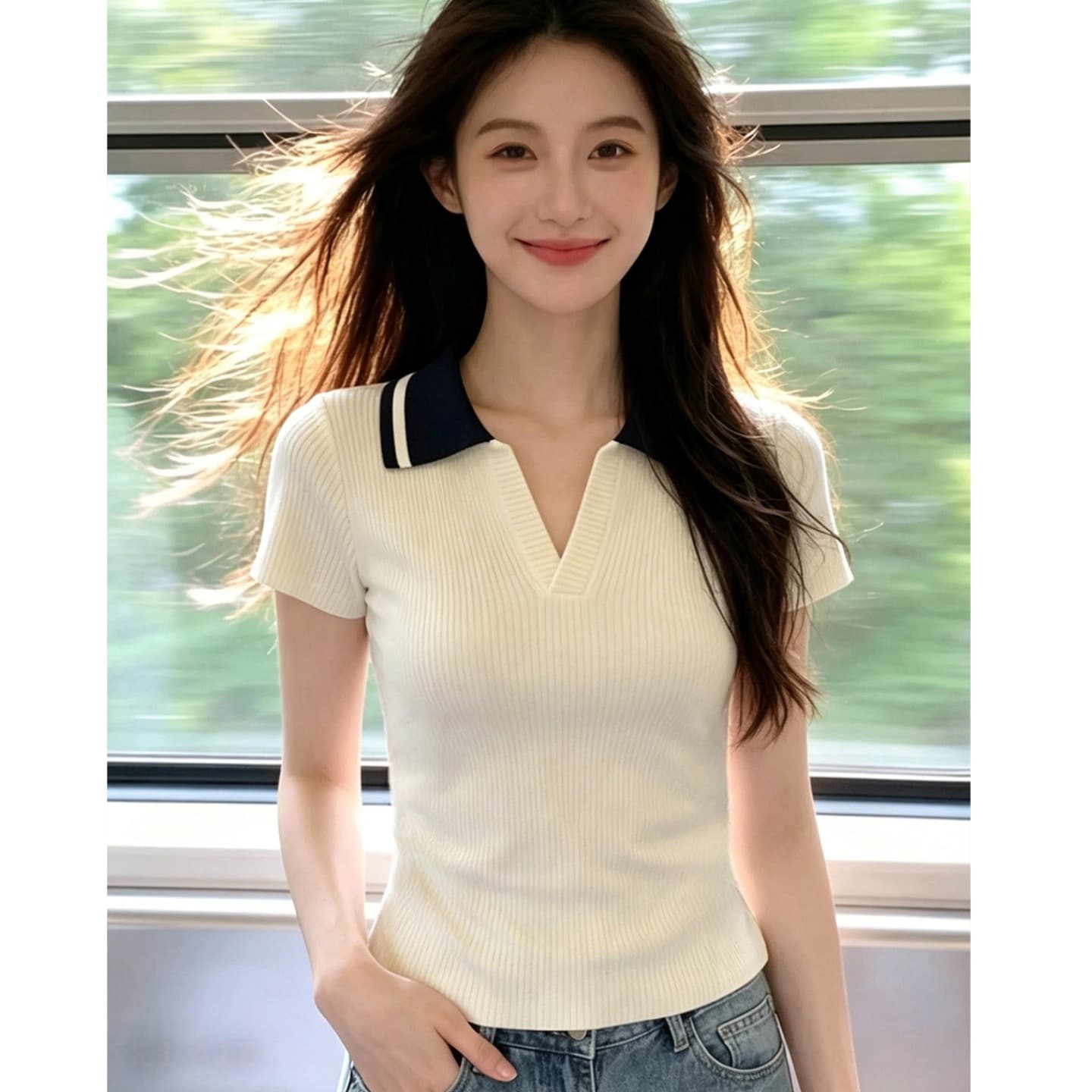 한국 스타일 고급 센스 패치워크 색상 POLO 칼라 반팔 니트 스웨터 여성 여름 새로운 패션 Chic 캐주얼 다용도 맨위 이미지 5