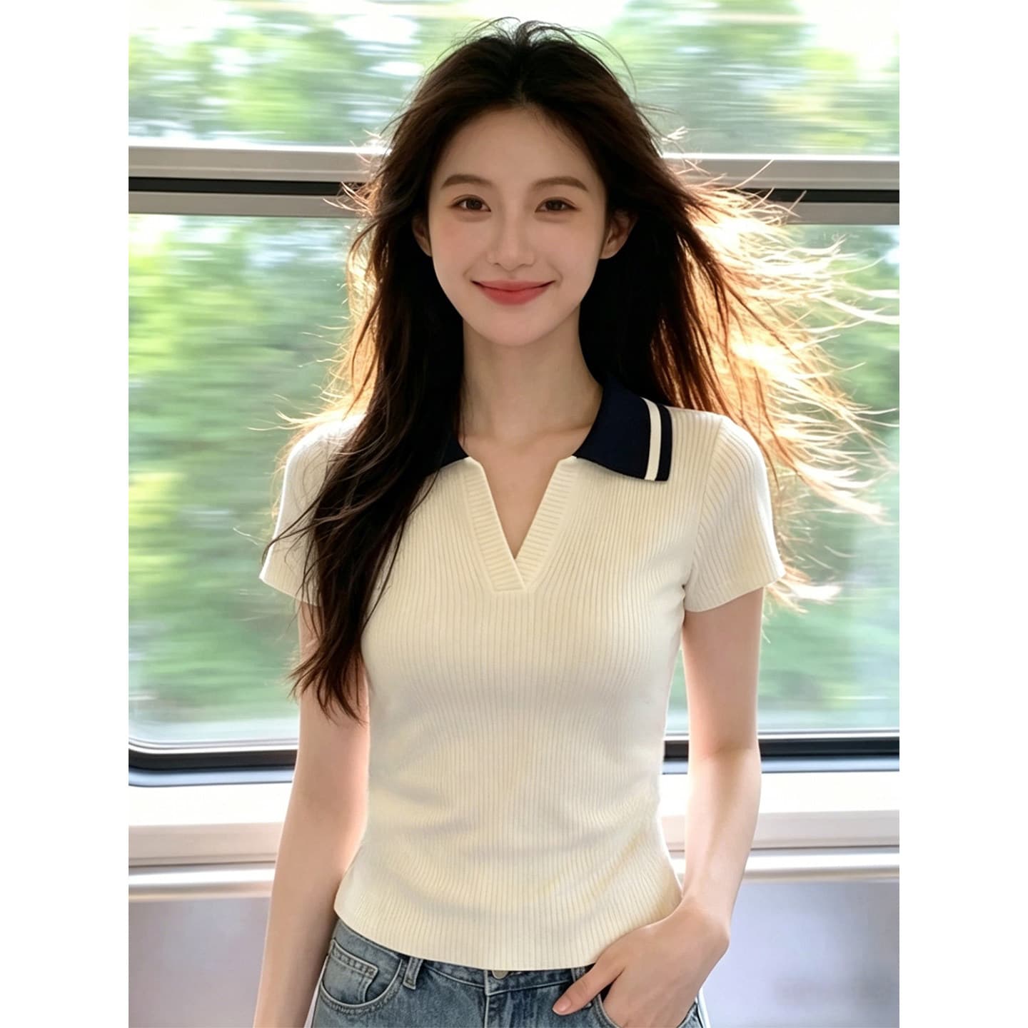 한국 스타일 고급 센스 패치워크 색상 POLO 칼라 반팔 니트 스웨터 여성 여름 새로운 패션 Chic 캐주얼 다용도 맨위 상세 이미지 3