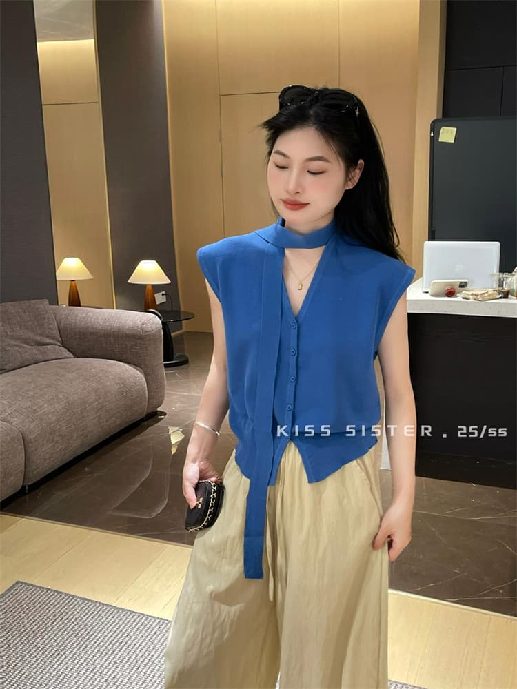 kisssister 한국 스타일 2026 패션 V넥 레이스업 싱글 줄 버튼 디자인 다용도 느긋한 반팔 니트 오픈 가디건 상세 이미지 2