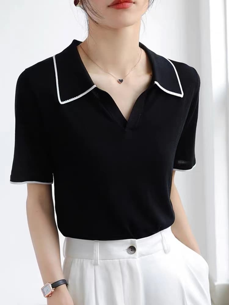 검정색 폴로 칼라 긍정적 인 어깨 반팔 티셔츠 여성 여름 프랑스식 고급 센스 빛 요리 한 바람 얼음 실크 니트 스웨터 polo 맨위