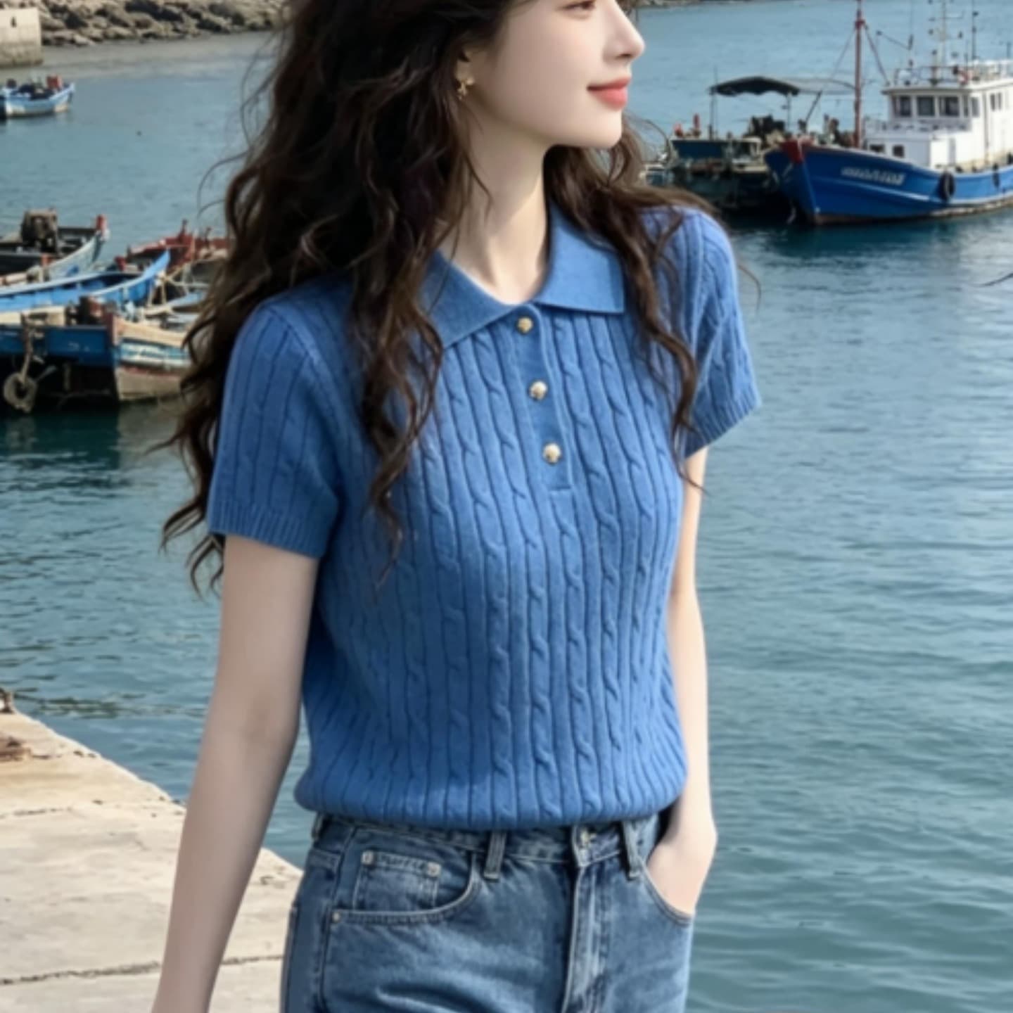 한 부서 파란색 폴로 칼라 니트 여성 허리 수축 슬림해 보이는 다용도 반팔 티셔츠 여성 여름 도파민 분위기 센스 맨위 이미지 5