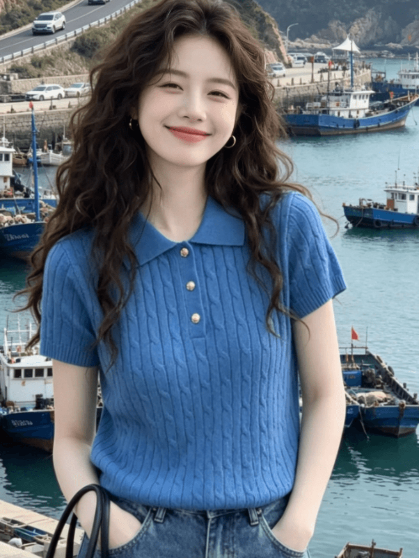 한 부서 파란색 폴로 칼라 니트 여성 허리 수축 슬림해 보이는 다용도 반팔 티셔츠 여성 여름 도파민 분위기 센스 맨위 상세 이미지 1
