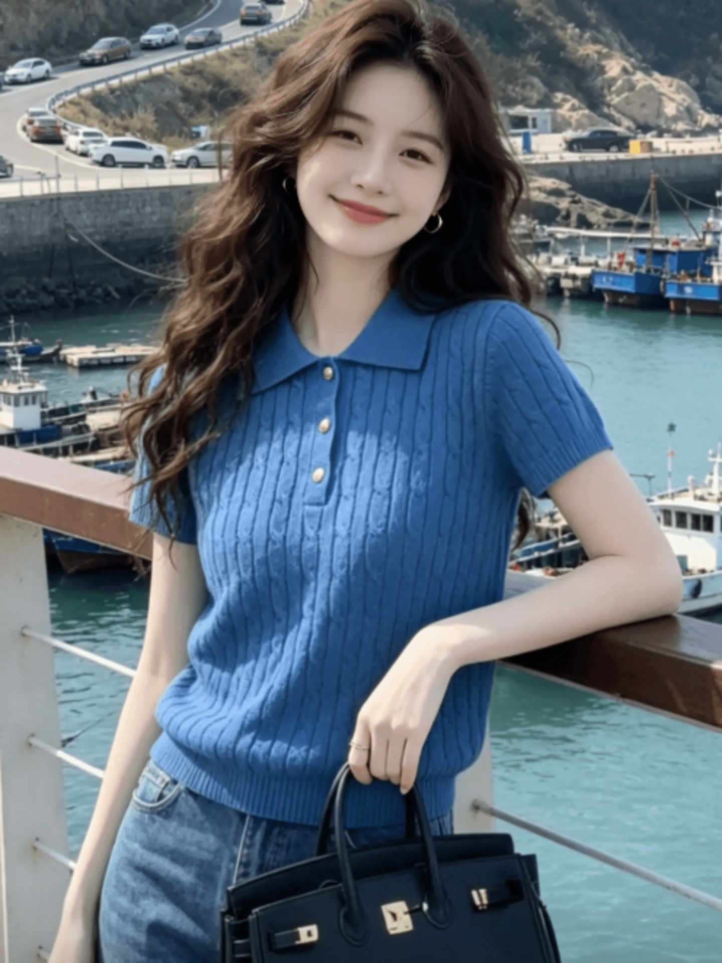 한 부서 파란색 폴로 칼라 니트 여성 허리 수축 슬림해 보이는 다용도 반팔 티셔츠 여성 여름 도파민 분위기 센스 맨위 상세 이미지 2