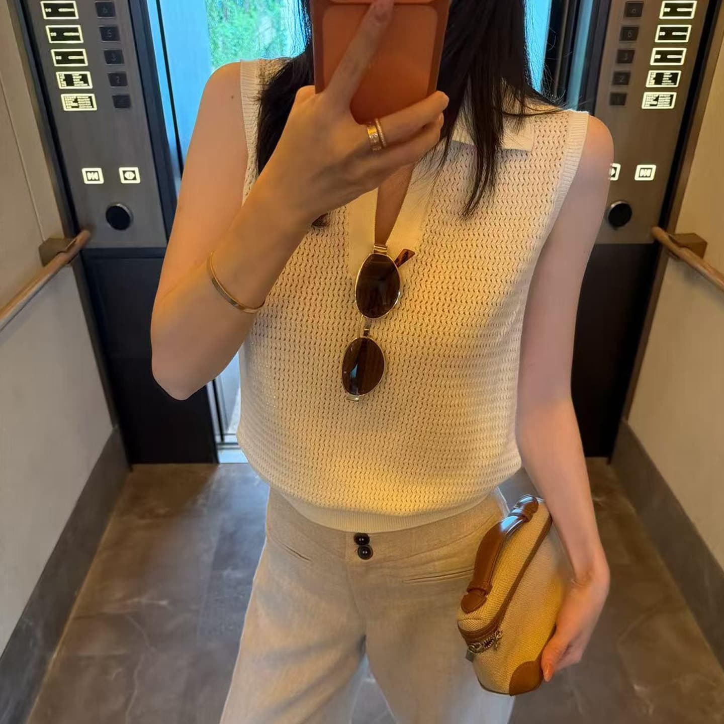 프랑스식 얼음 실크 홀로우 아웃 POLO 칼라 민소매 조끼 여성 여름 고유 한 품격 루즈핏 슬림해 보이는 다용도 어깨 맨위 상세 이미지 1