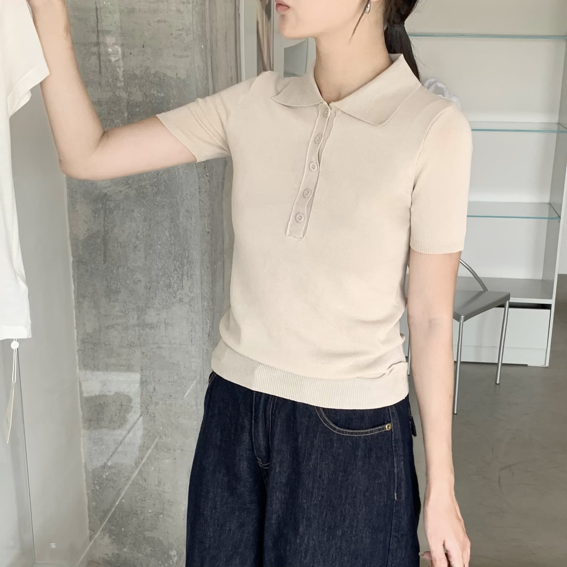 한 부서 레트로 익스트림 제인 바람 살구 색상 POLO 셔츠 폴로 칼라 몸매 가꾸기 슬림해 보이는 반팔 티셔츠 여성 여름 기초 섹션 맨위 상세 이미지 1