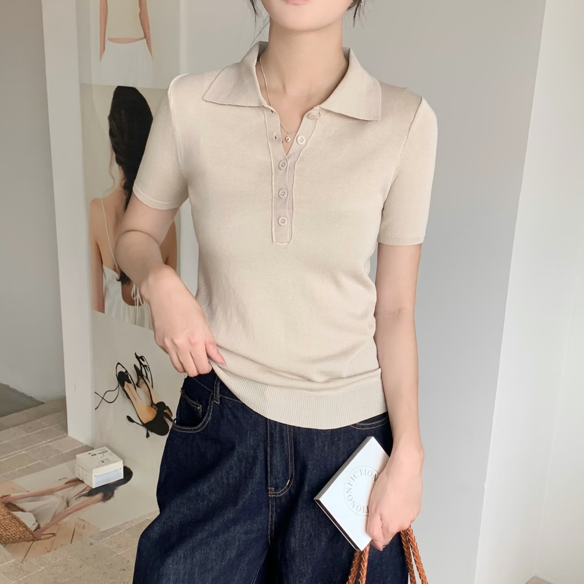 한 부서 레트로 익스트림 제인 바람 살구 색상 POLO 셔츠 폴로 칼라 몸매 가꾸기 슬림해 보이는 반팔 티셔츠 여성 여름 기초 섹션 맨위 상세 이미지 4