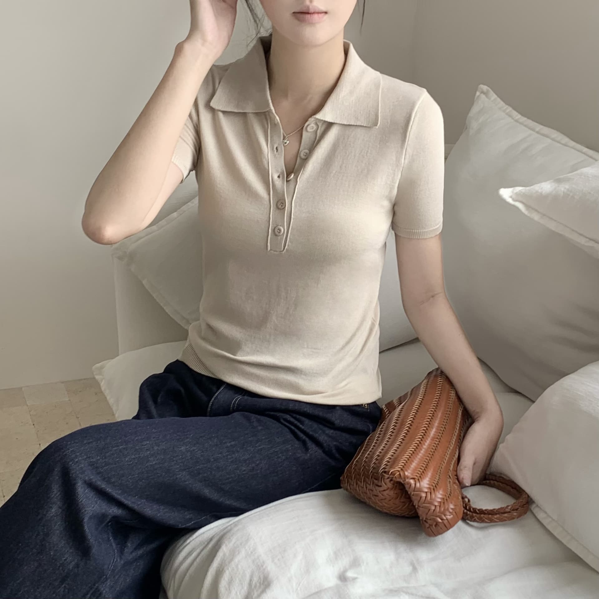 한 부서 레트로 익스트림 제인 바람 살구 색상 POLO 셔츠 폴로 칼라 몸매 가꾸기 슬림해 보이는 반팔 티셔츠 여성 여름 기초 섹션 맨위 상세 이미지 8