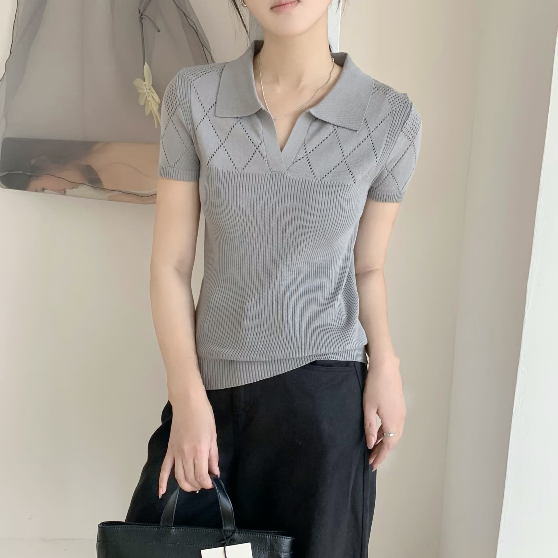 회색 고급 센스 POLO 셔츠 2026 년 여름 새로운 얼음 실크 반팔 티셔츠 여성 홀로우 아웃 루즈핏 슬림해 보이는 맨위 상세 이미지 4