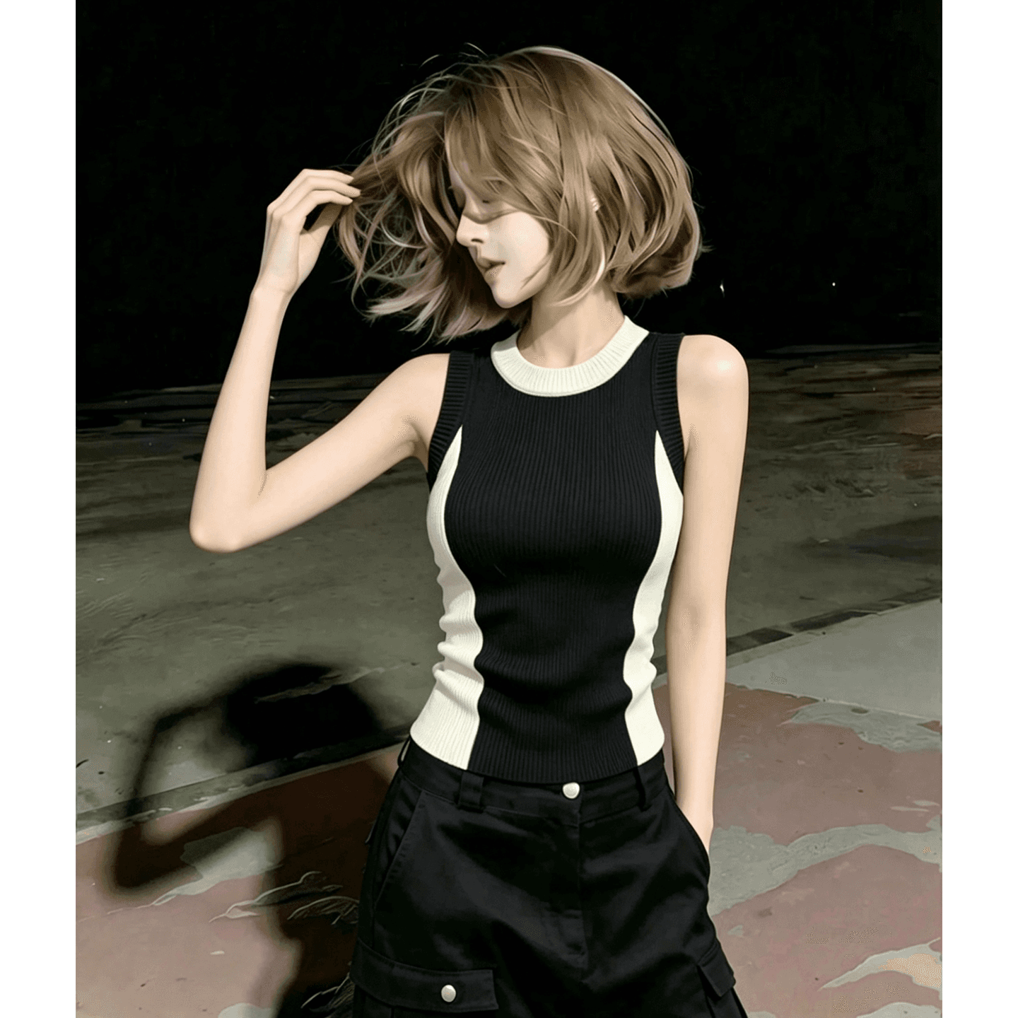 Chic 디자인 센스 배색 라운드 넥 니트 캐미솔 2026 여름 몸매 가꾸기 슬림해 보이는 품격 민소매 맨위 이미지 3