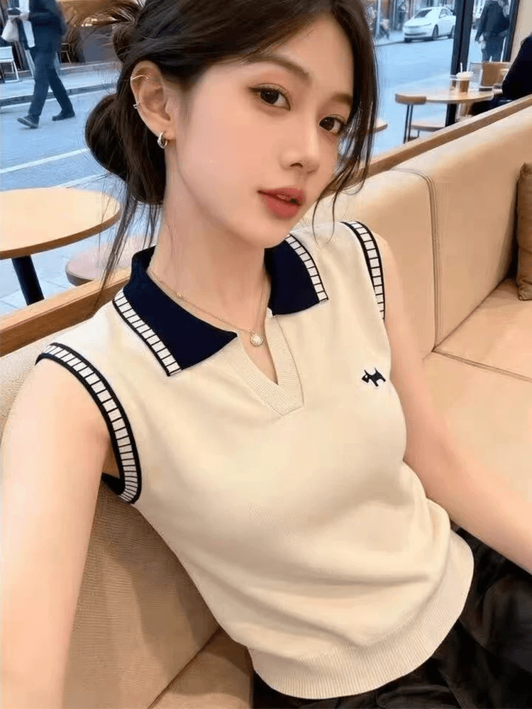 프랑스식 디자인 센스 배색 폴로 칼라 민소매 니트 조끼 여성 2026 여름 새로운 몸매 가꾸기 Chic 외출용 맨위 이미지 3