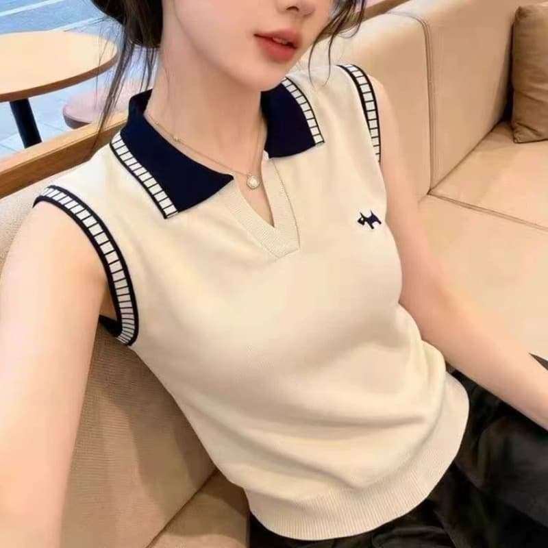 프랑스식 디자인 센스 배색 폴로 칼라 민소매 니트 조끼 여성 2026 여름 새로운 몸매 가꾸기 Chic 외출용 맨위 이미지 5