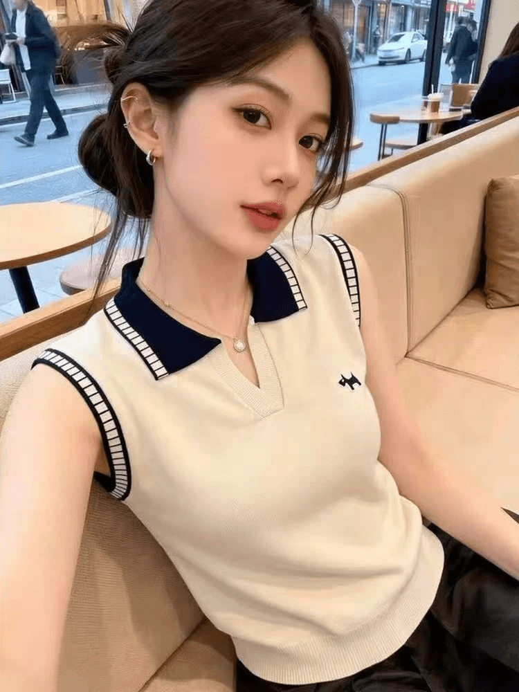 프랑스식 디자인 센스 배색 폴로 칼라 민소매 니트 조끼 여성 2026 여름 새로운 몸매 가꾸기 Chic 외출용 맨위 상세 이미지 1